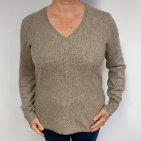 Latte Beige Chunky Cashmere V-Neck Jumper Large