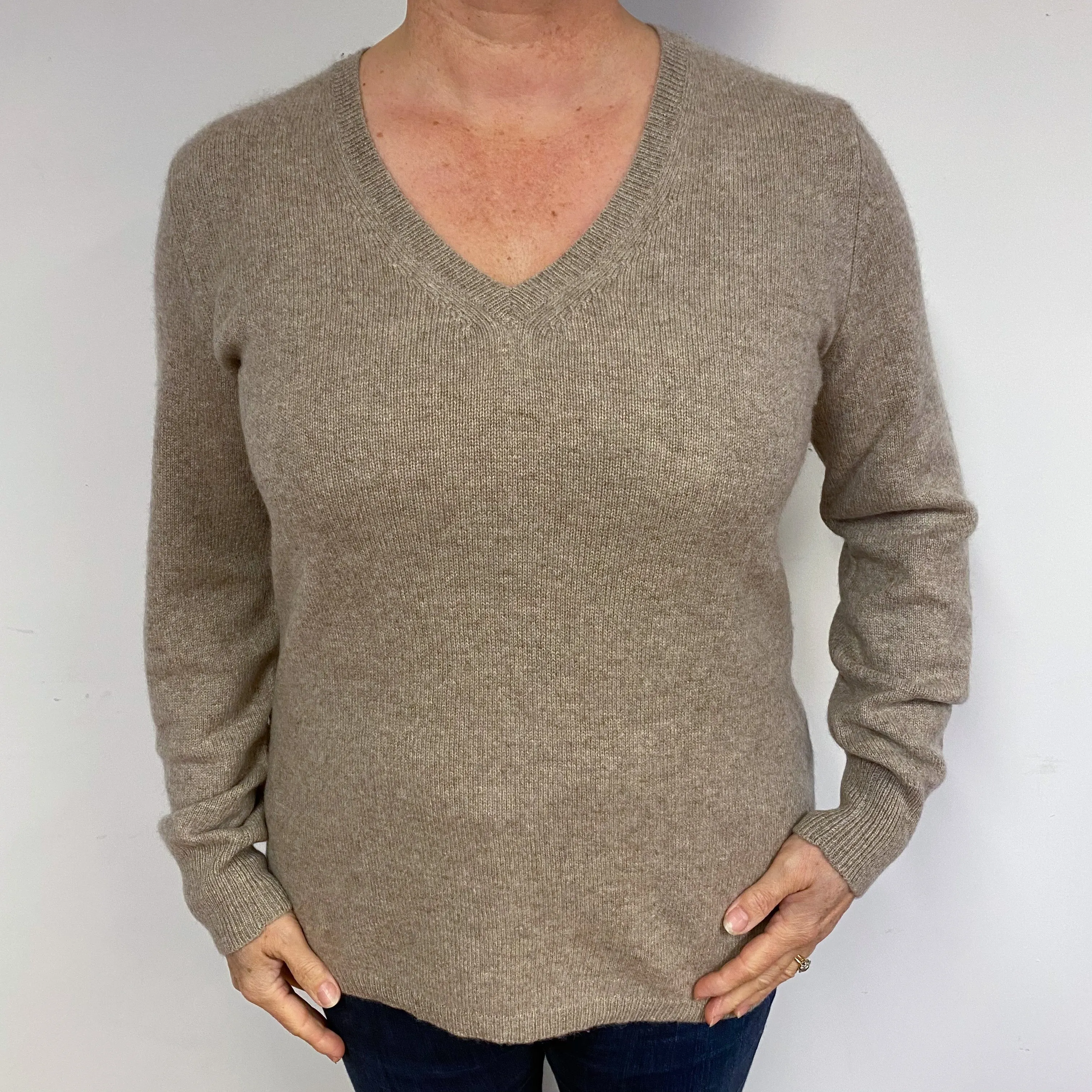 Latte Beige Chunky Cashmere V-Neck Jumper Large