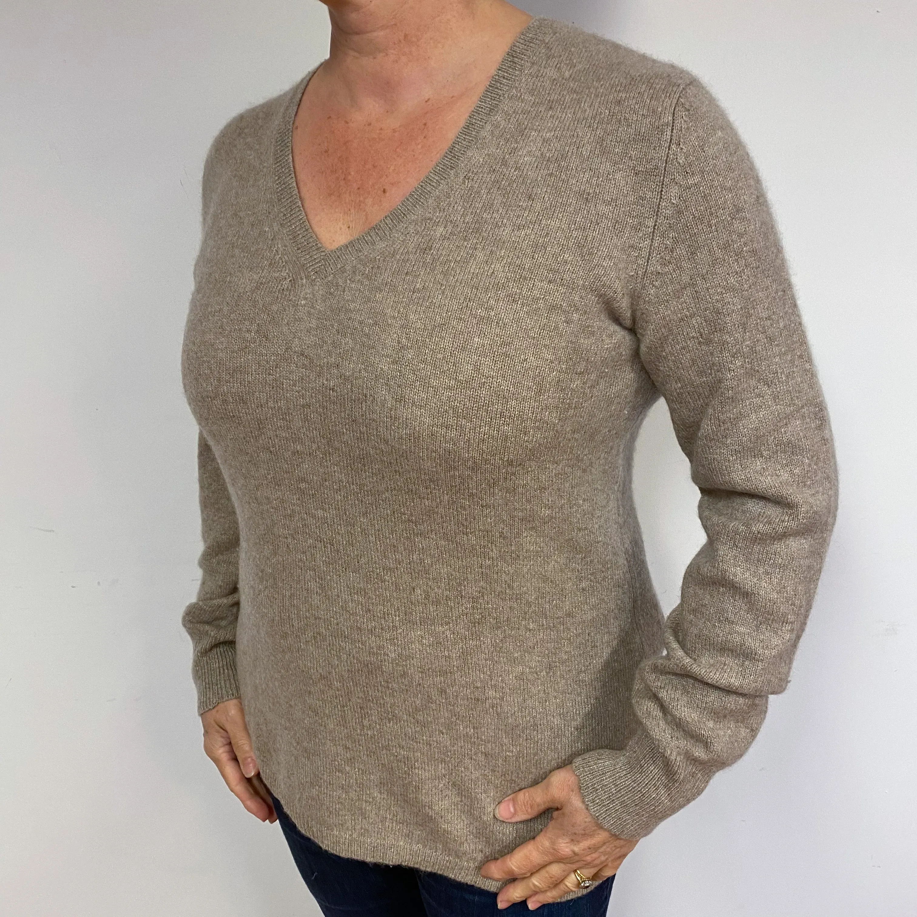 Latte Beige Chunky Cashmere V-Neck Jumper Large
