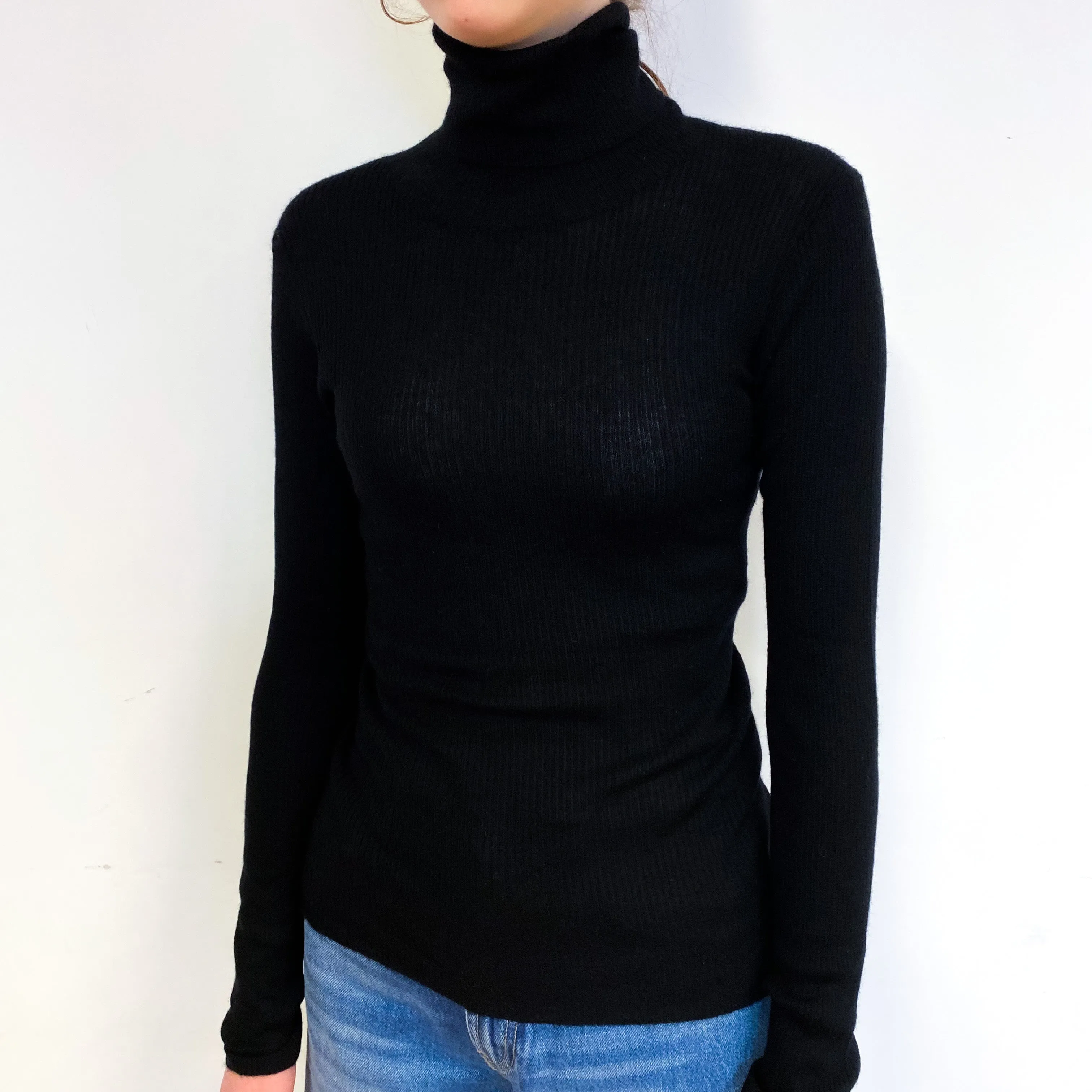 Lightweight Skinny Ribbed Cashmere Polo Neck Jumper Extra Extra Small
