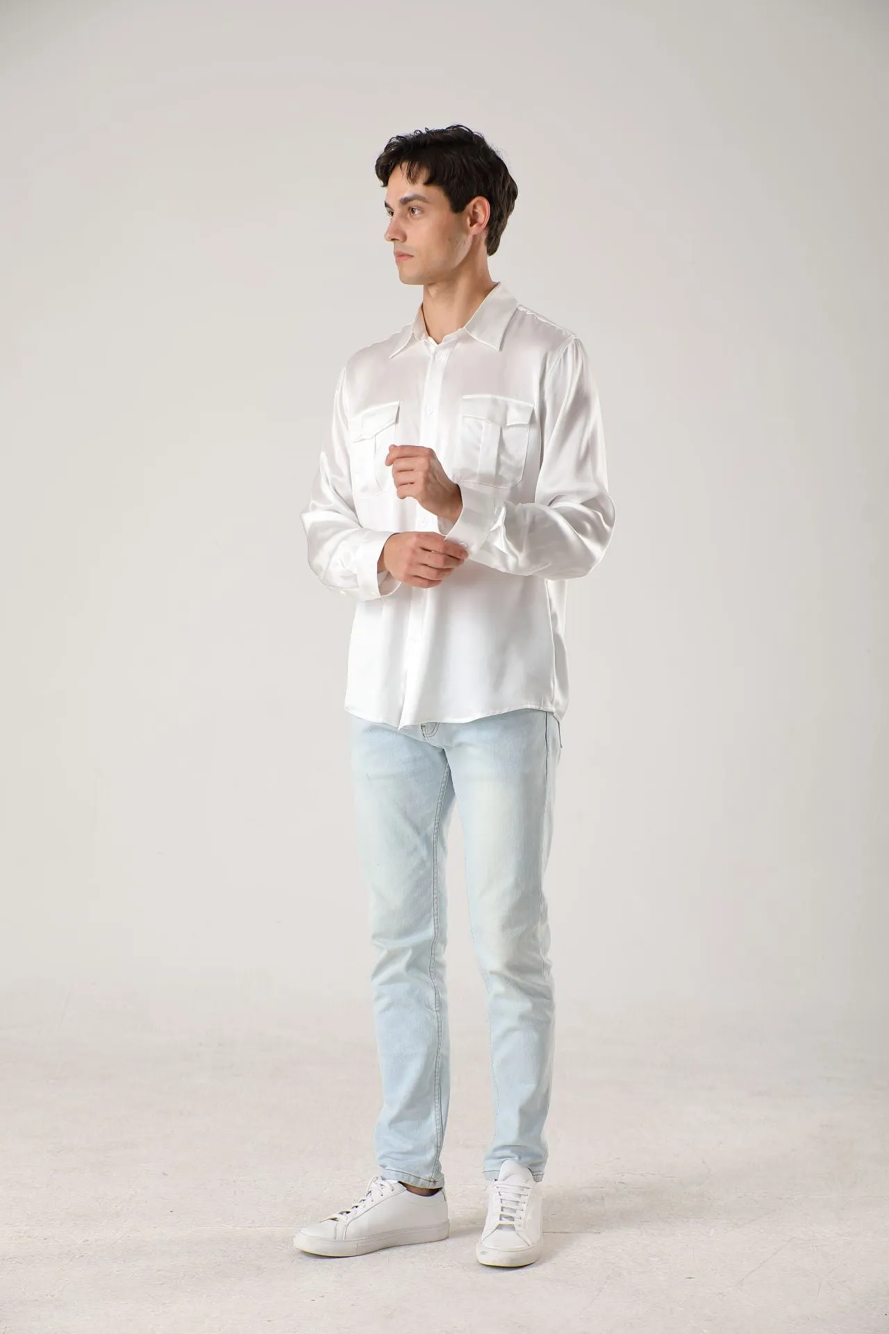 Long sleeve button up Silk Shirts for Men with Chest Pockets