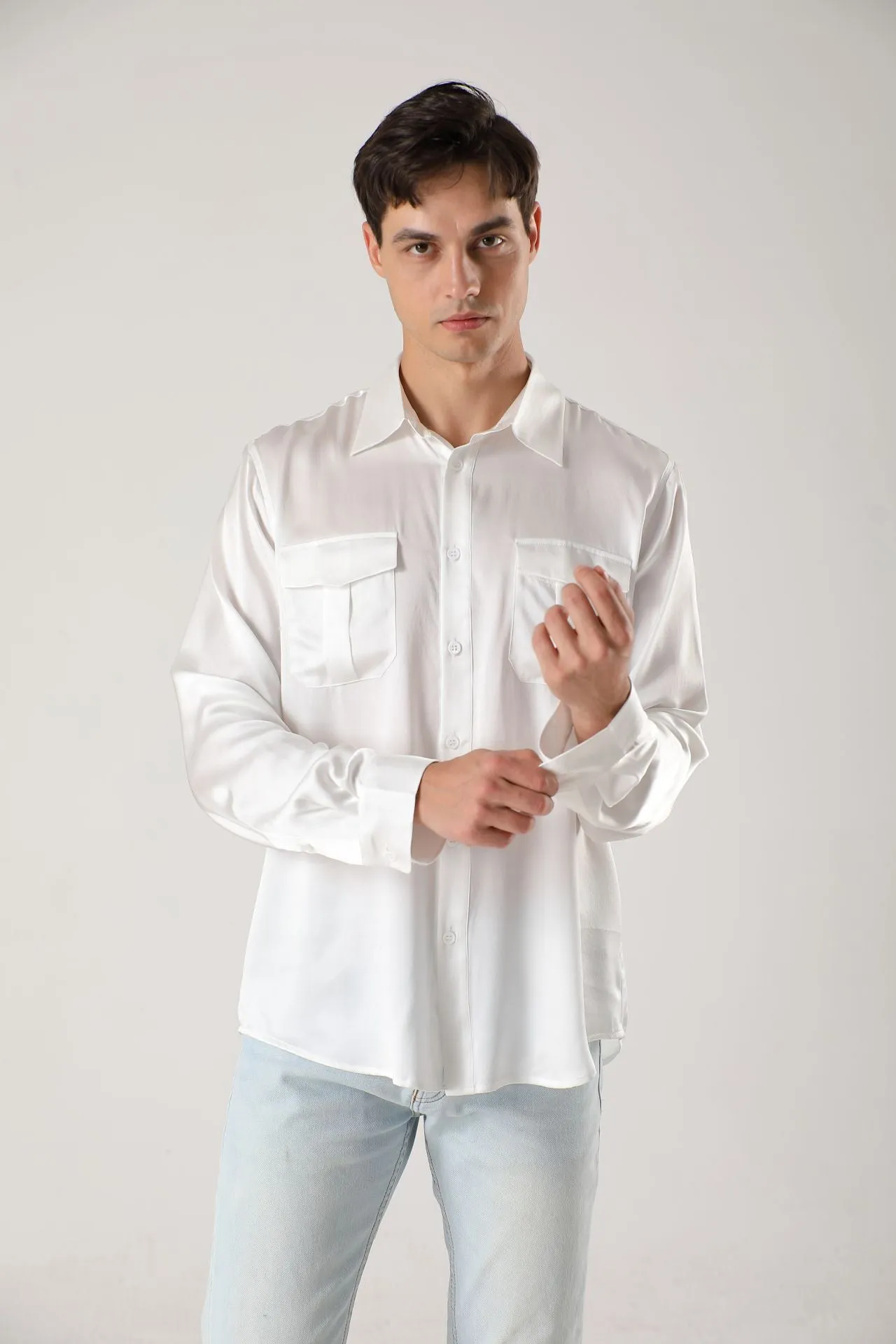 Long sleeve button up Silk Shirts for Men with Chest Pockets