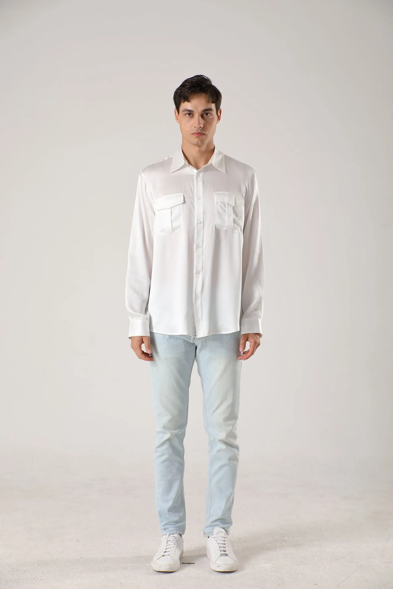 Long sleeve button up Silk Shirts for Men with Chest Pockets