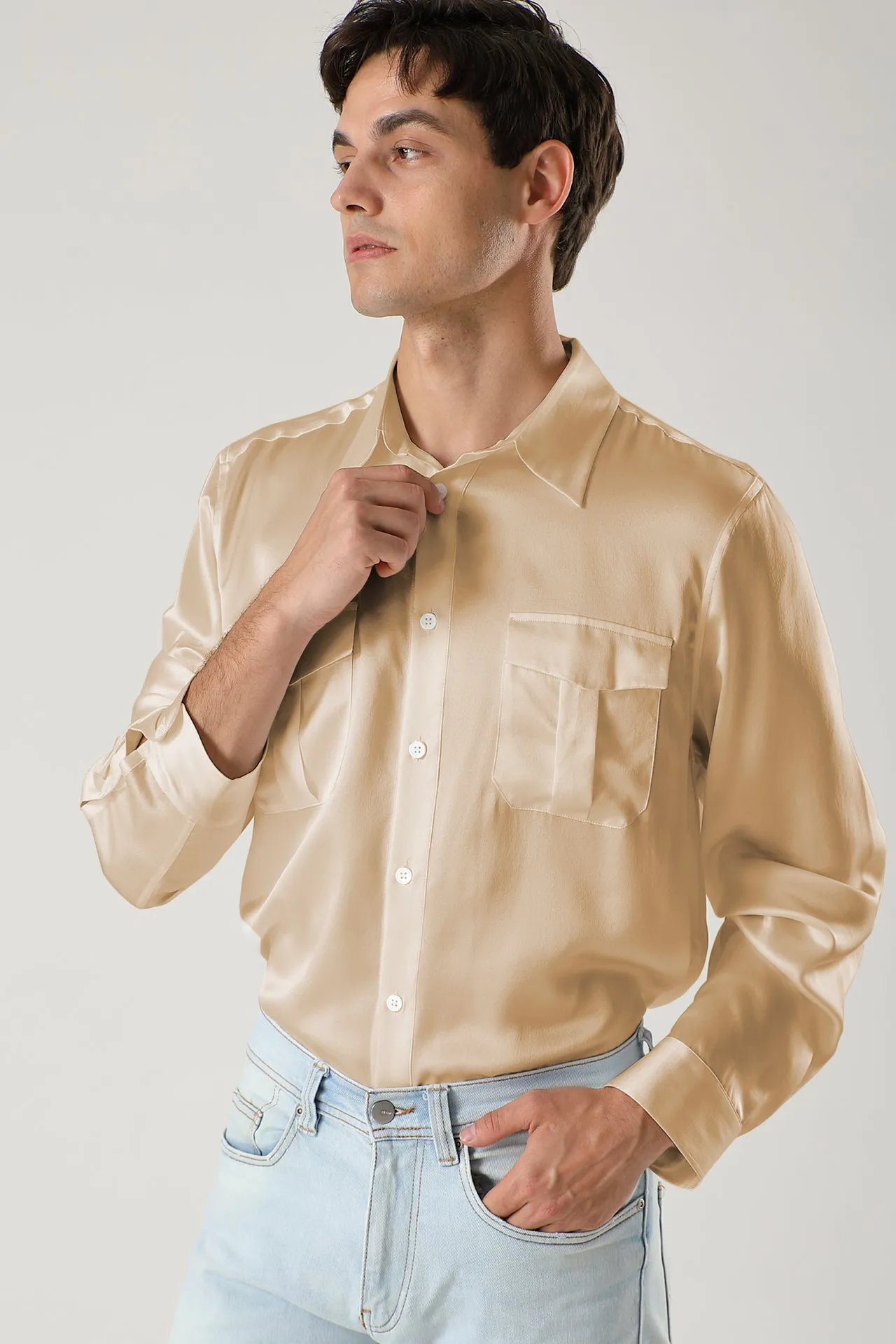 Long sleeve button up Silk Shirts for Men with Chest Pockets