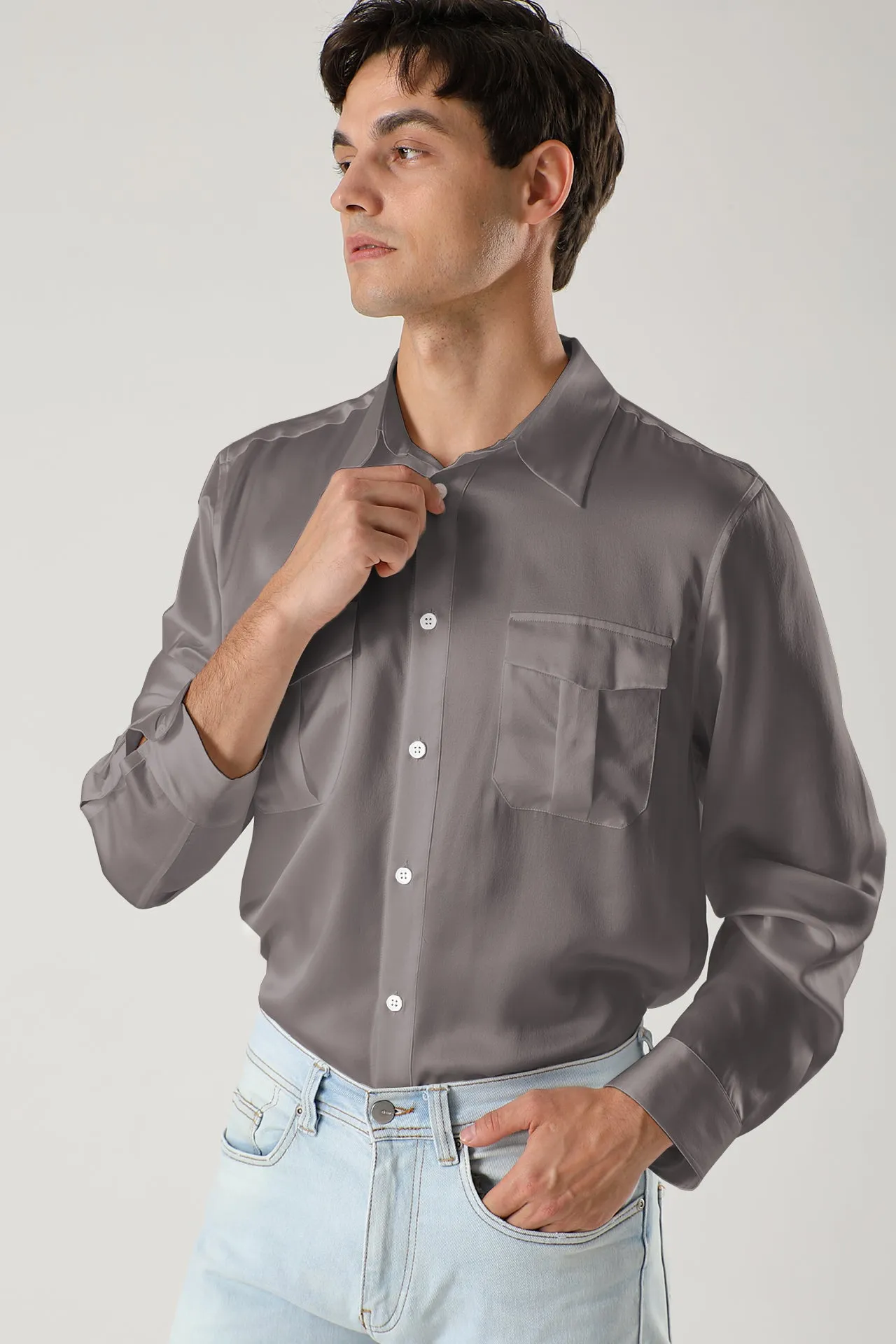 Long sleeve button up Silk Shirts for Men with Chest Pockets