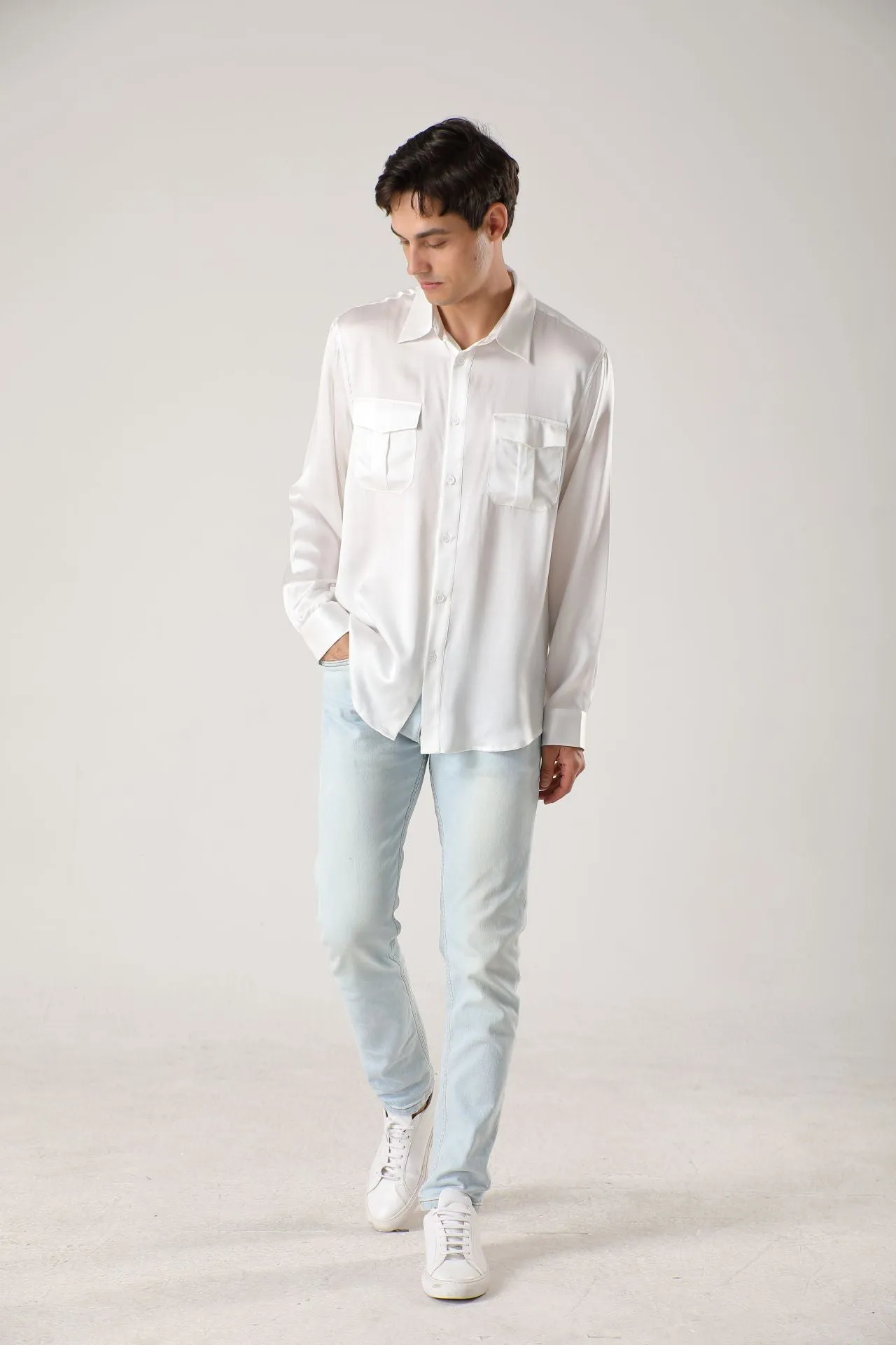 Long sleeve button up Silk Shirts for Men with Chest Pockets