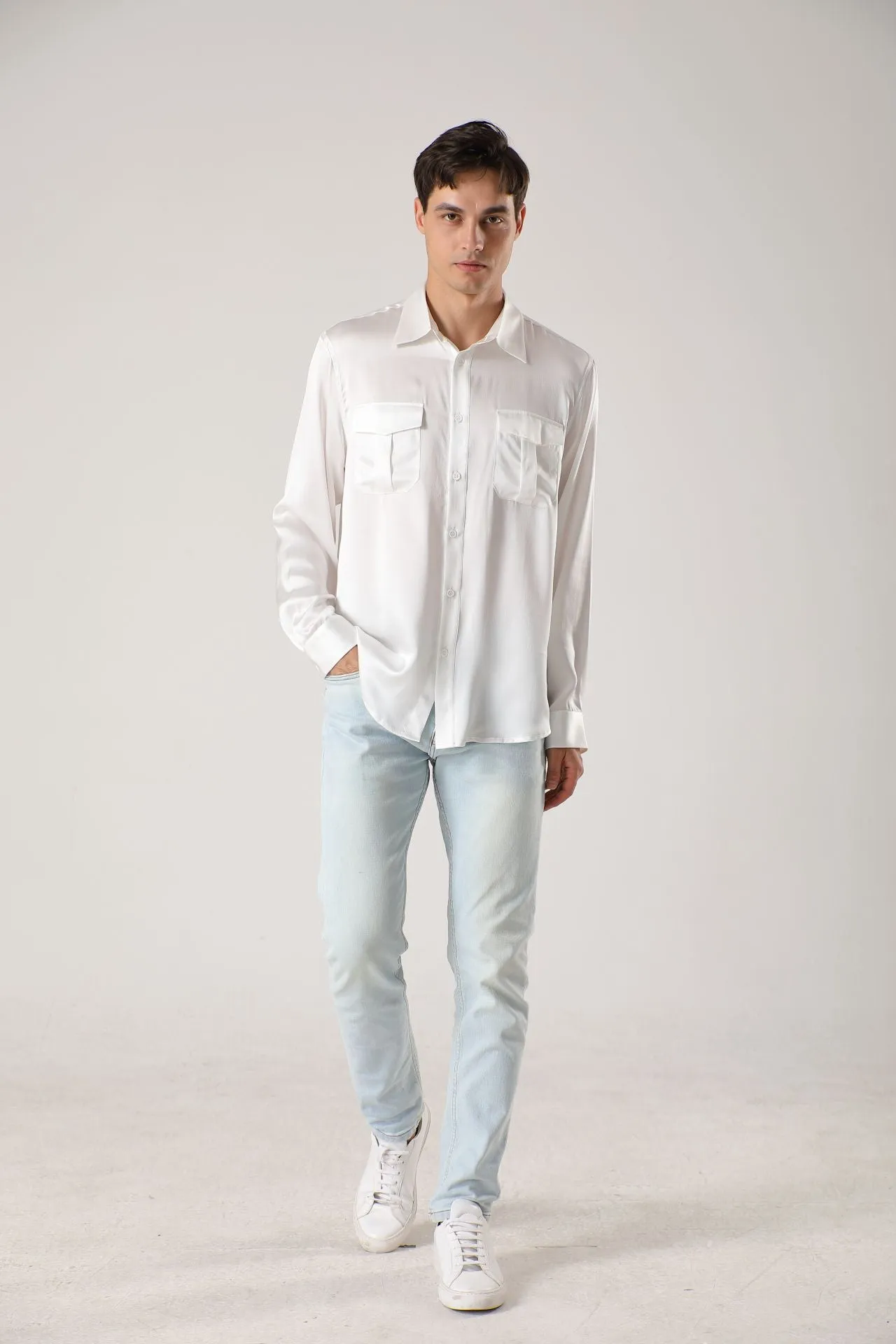 Long sleeve button up Silk Shirts for Men with Chest Pockets