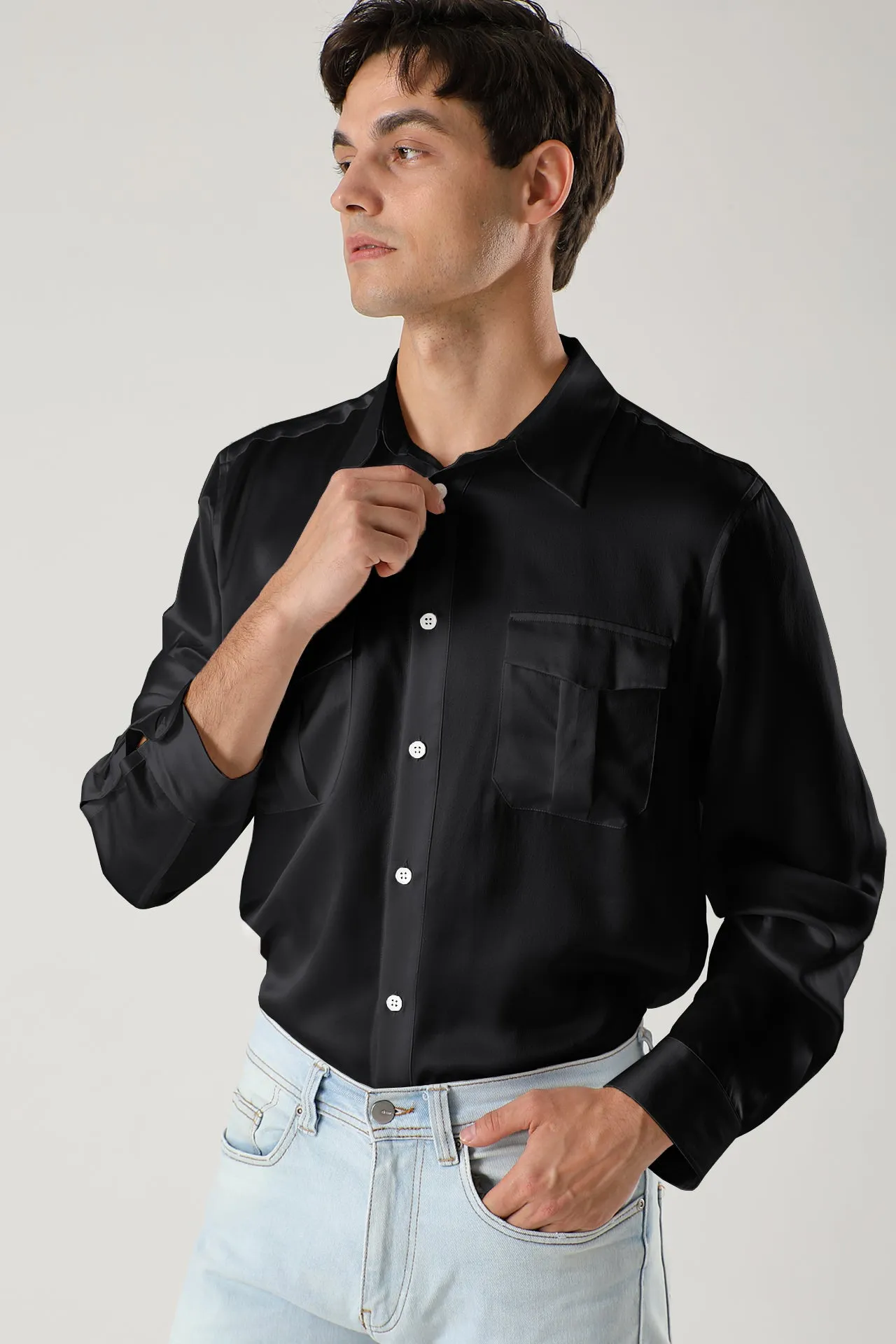Long sleeve button up Silk Shirts for Men with Chest Pockets