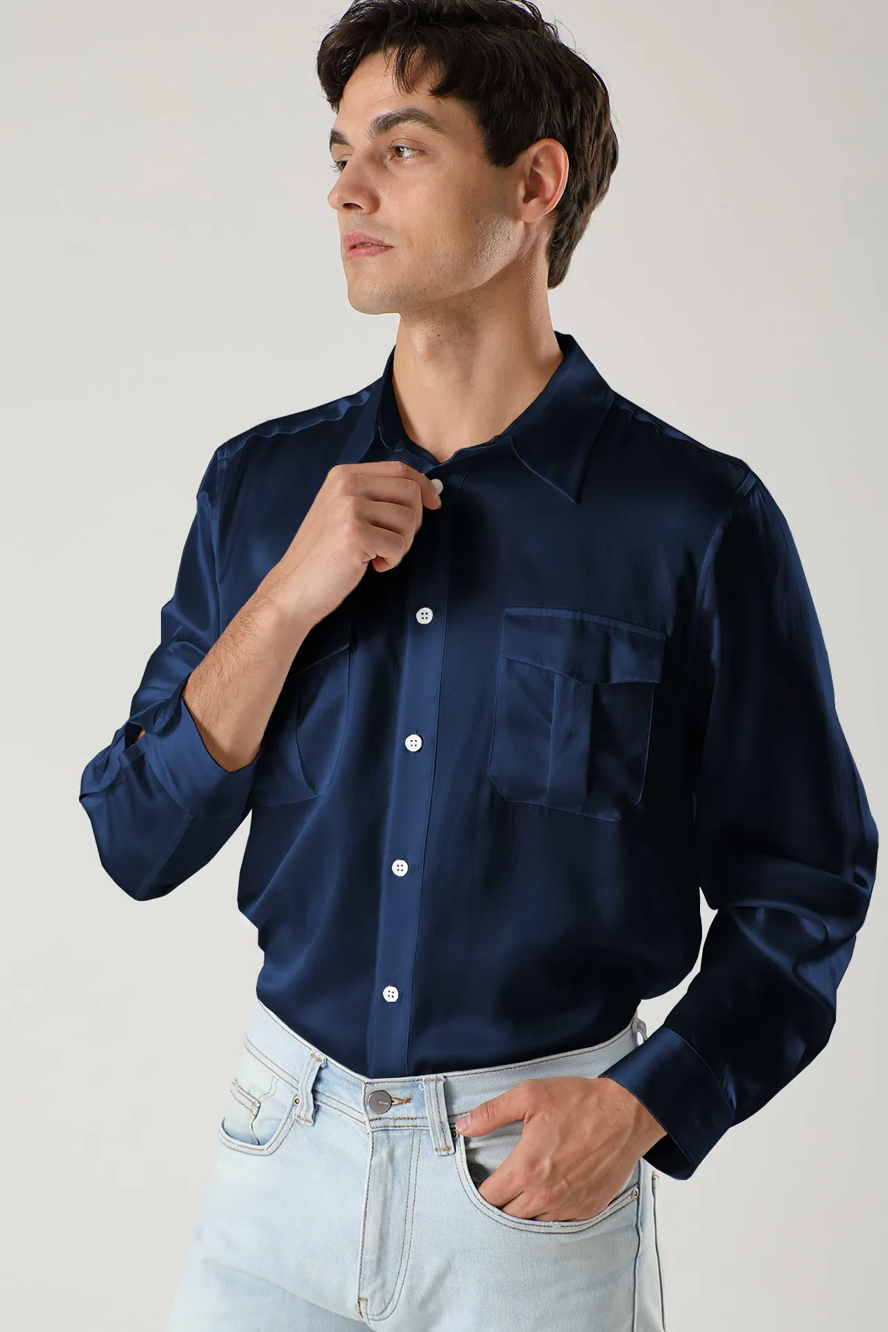 Long sleeve button up Silk Shirts for Men with Chest Pockets