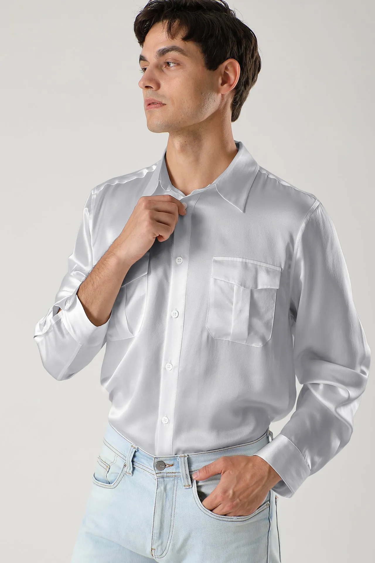 Long sleeve button up Silk Shirts for Men with Chest Pockets
