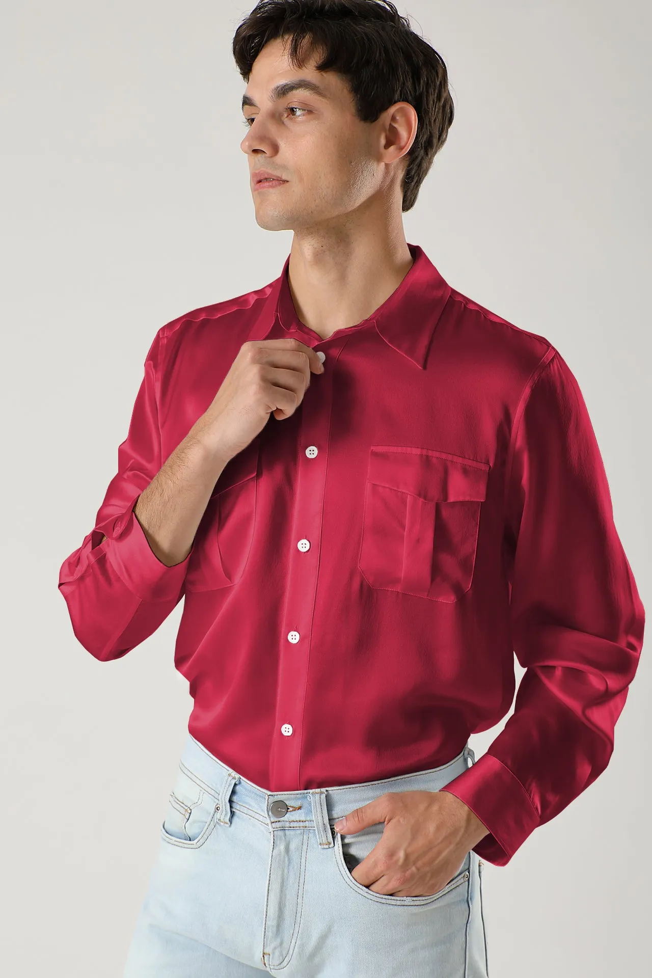 Long sleeve button up Silk Shirts for Men with Chest Pockets