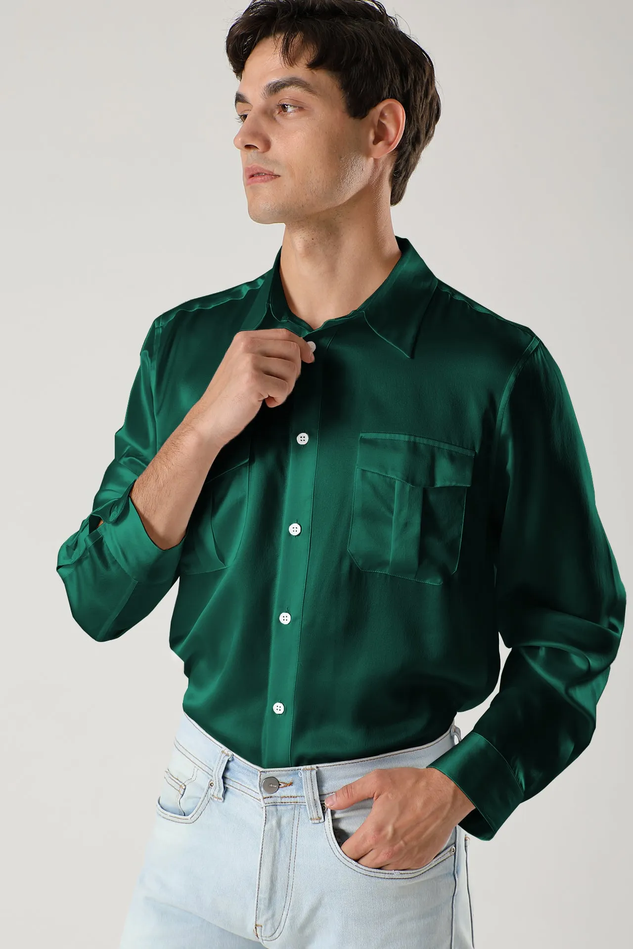 Long sleeve button up Silk Shirts for Men with Chest Pockets