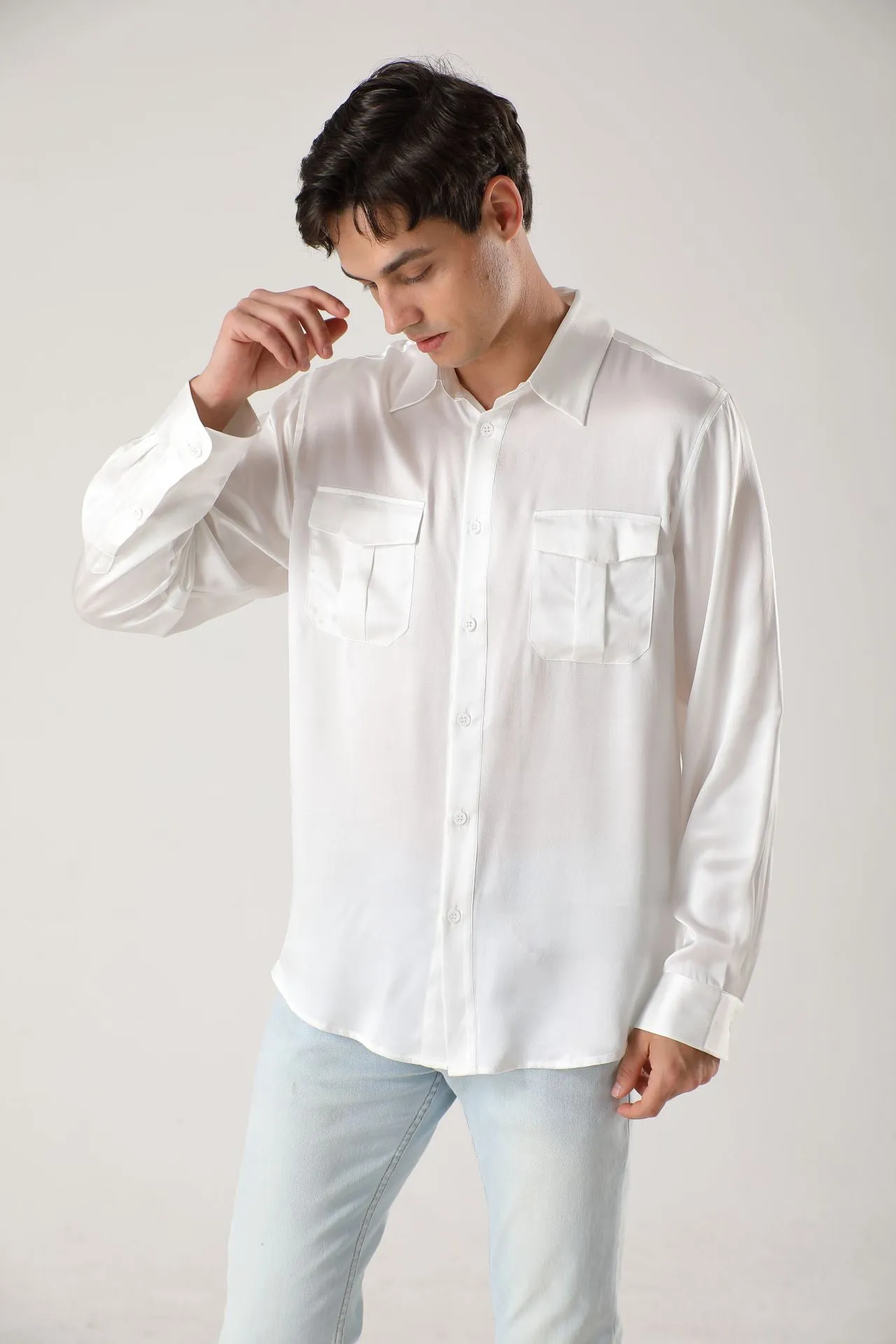 Long sleeve button up Silk Shirts for Men with Chest Pockets