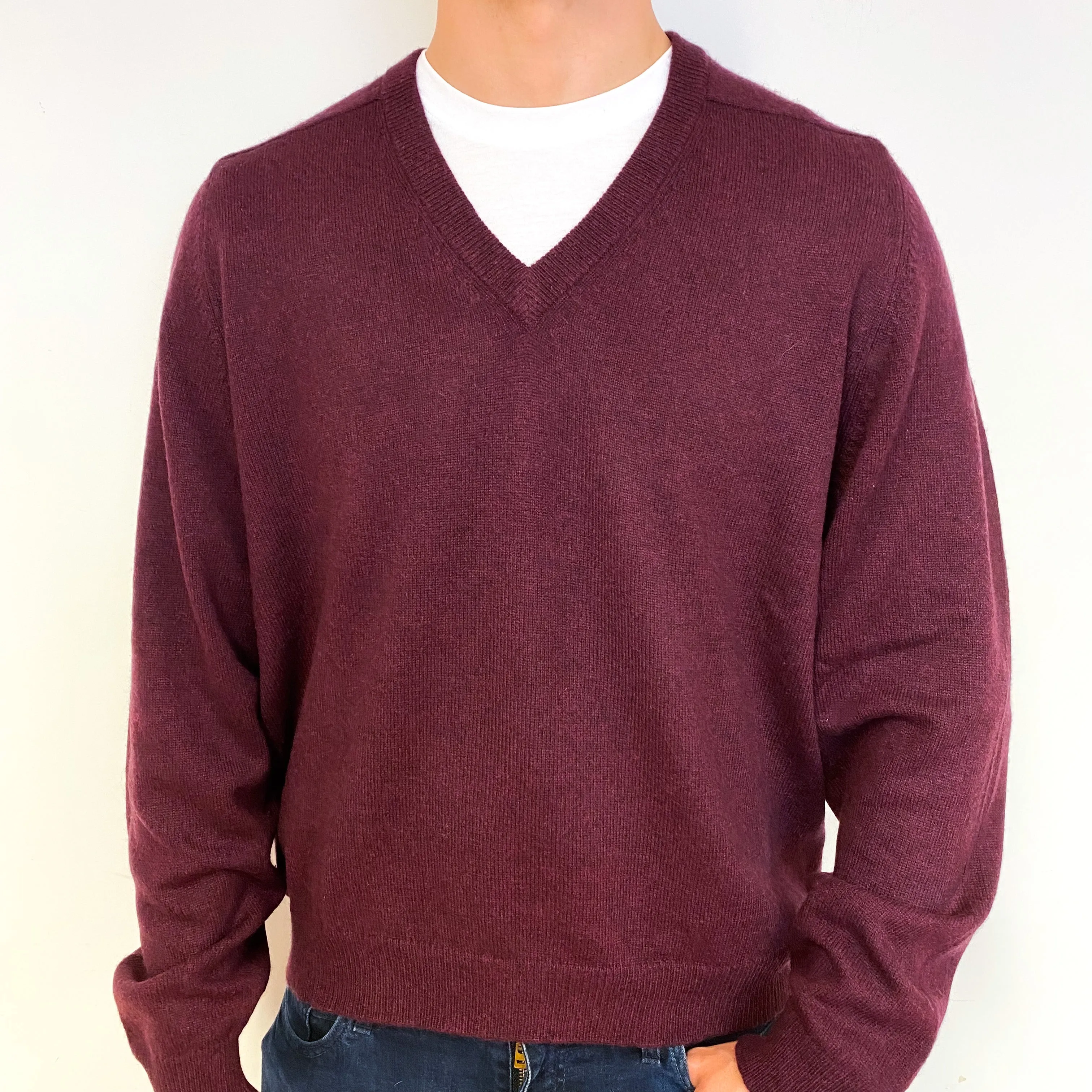 Men's Aubergine Purple Cashmere V-Neck Jumper Extra Large