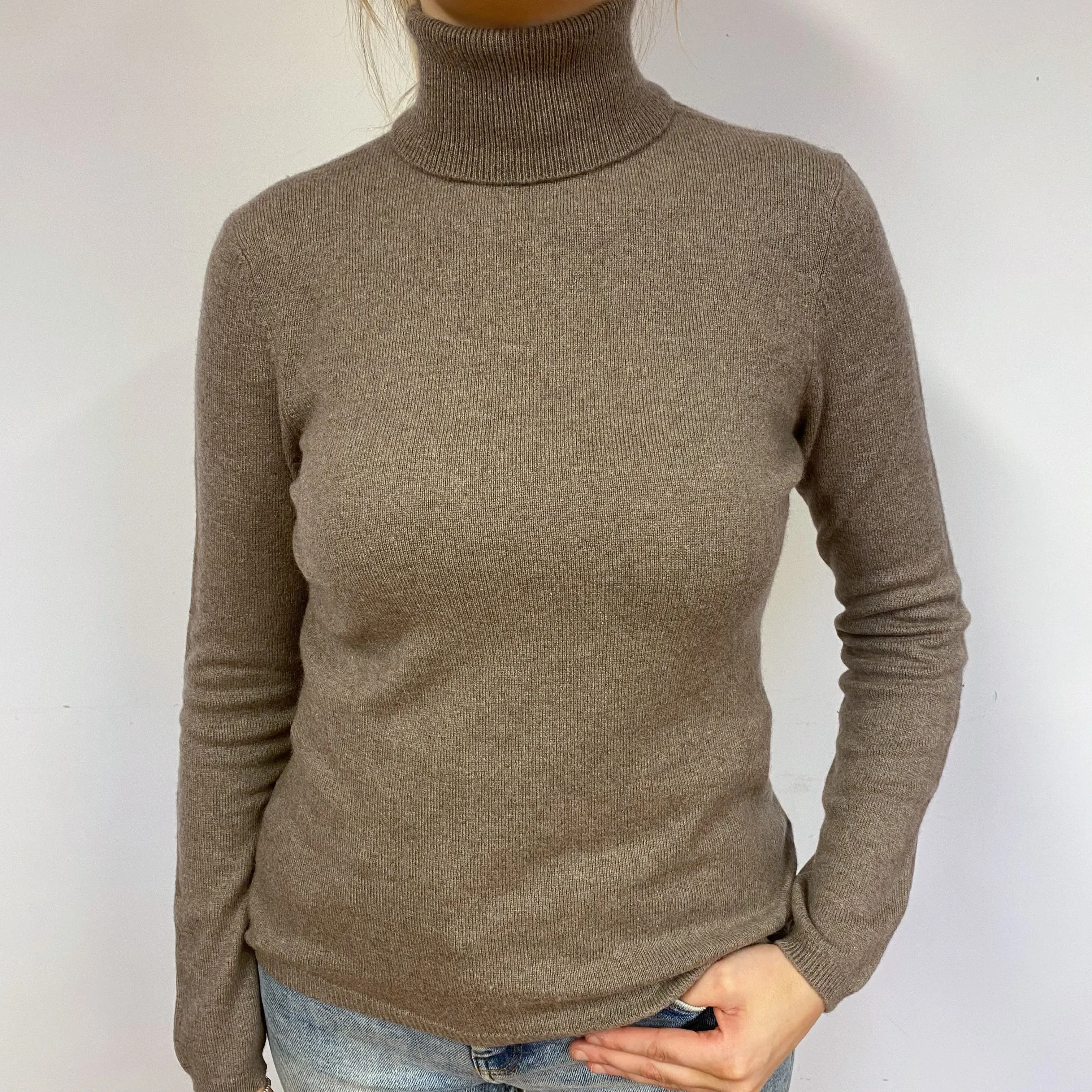 Mocha Brown Cashmere Polo Neck Jumper Small