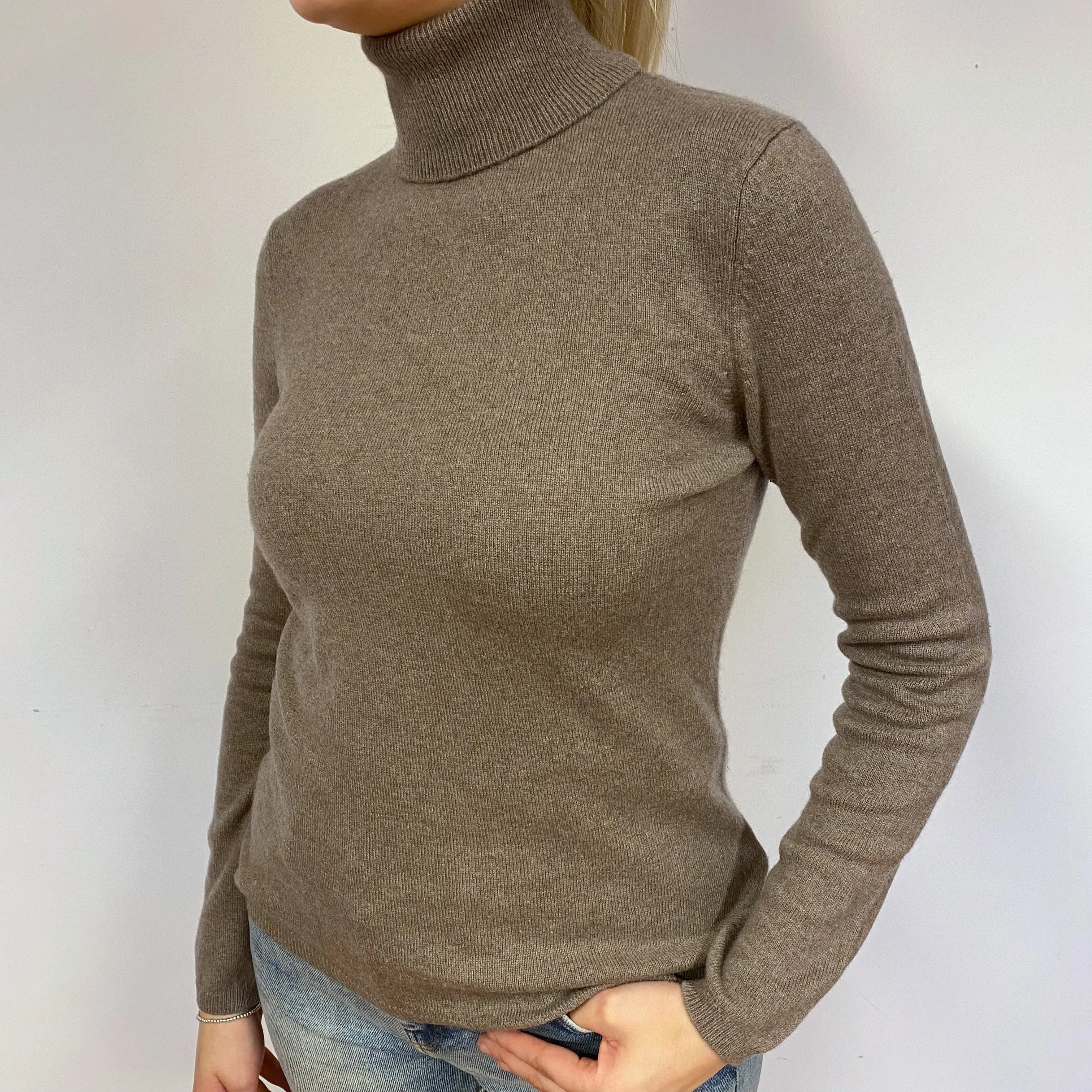 Mocha Brown Cashmere Polo Neck Jumper Small