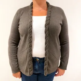 Muted Brown Cashmere Edge To Edge Cardigan with Chunky Rope Style Edging Extra Large