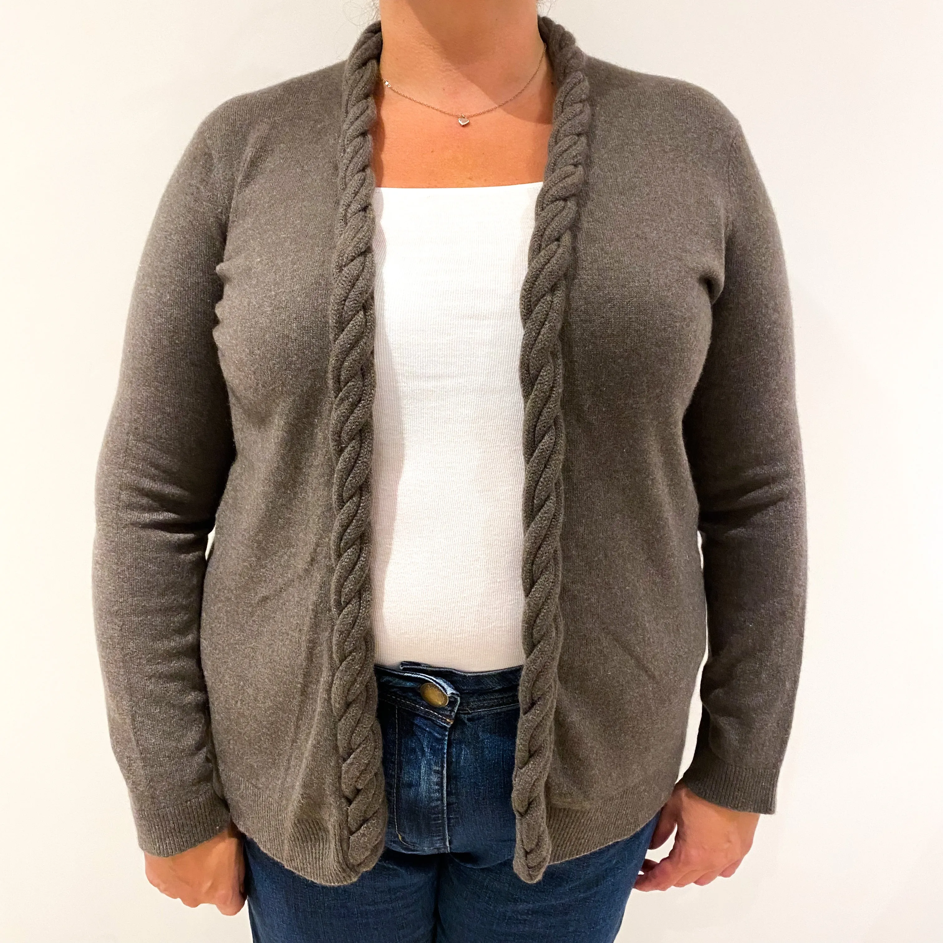 Muted Brown Cashmere Edge To Edge Cardigan with Chunky Rope Style Edging Extra Large