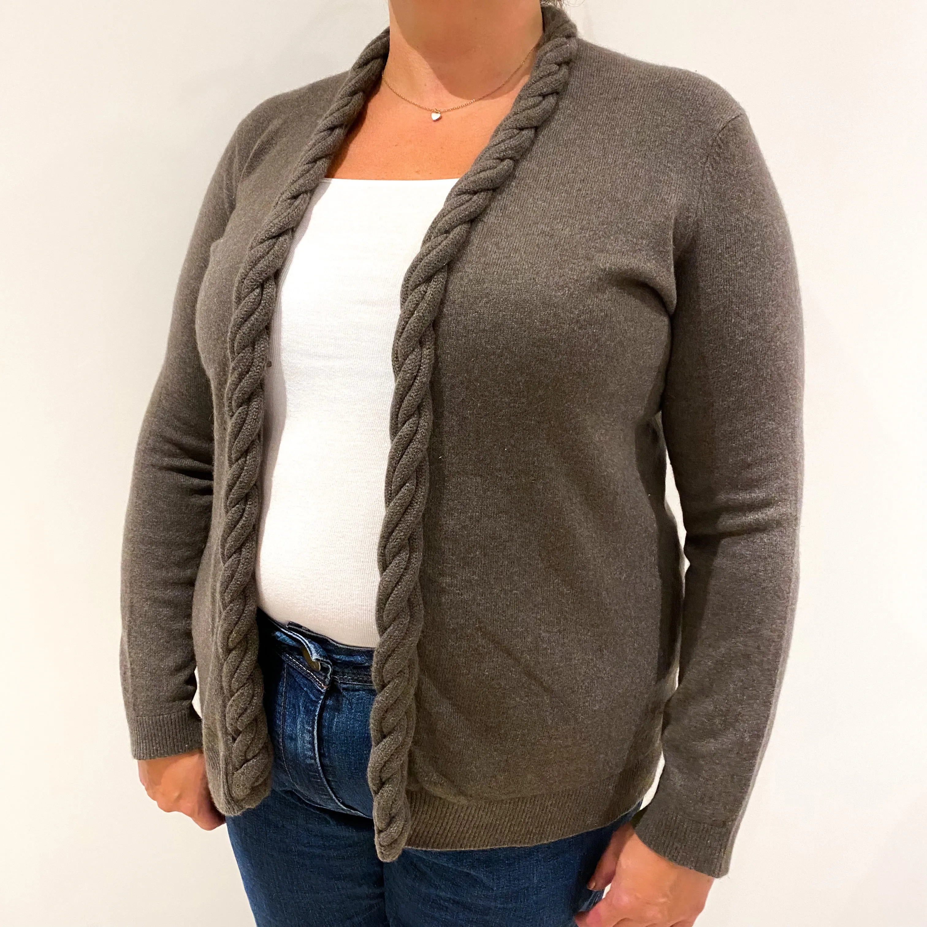 Muted Brown Cashmere Edge To Edge Cardigan with Chunky Rope Style Edging Extra Large