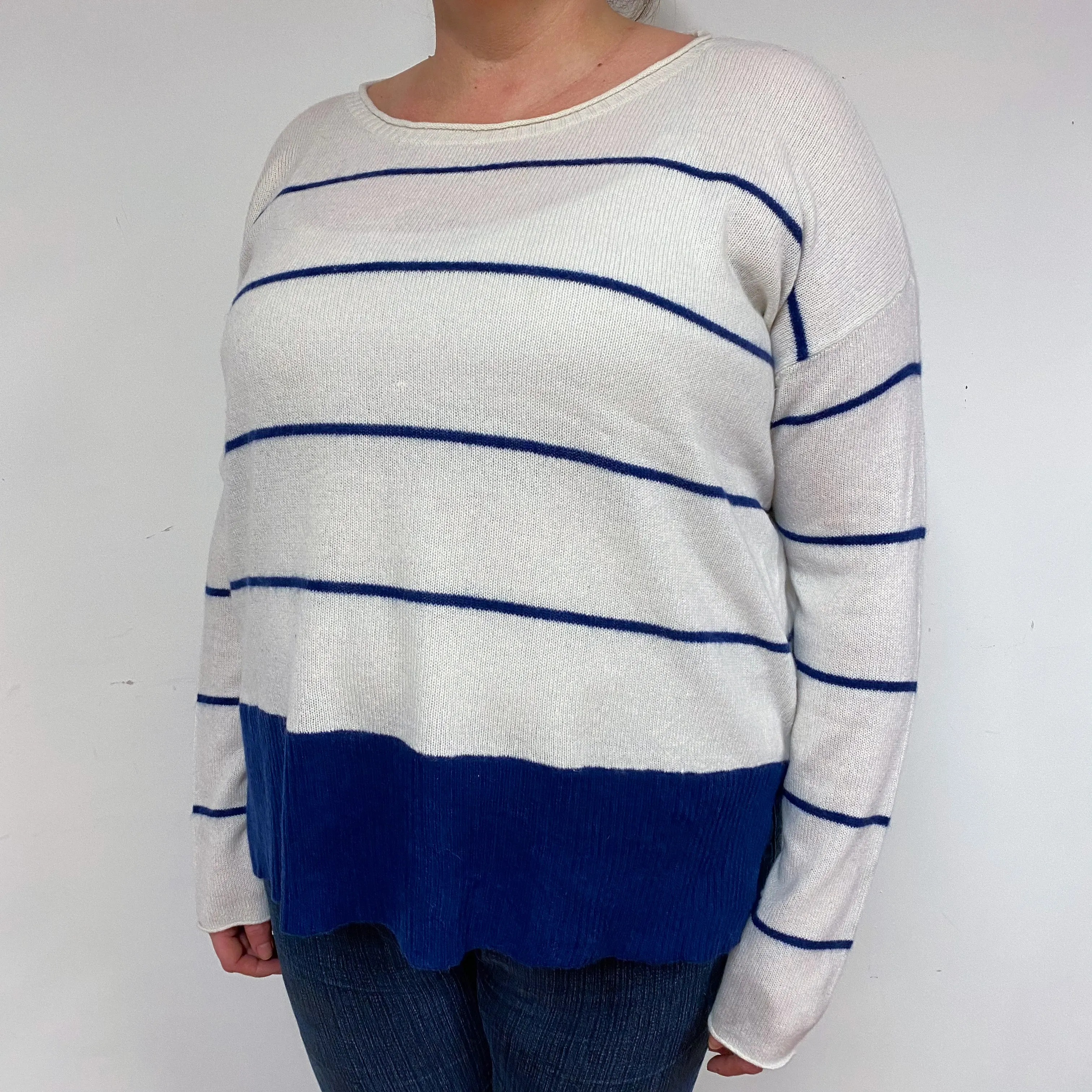 Navy and Cream Stripe Cashmere Crew Neck Jumper Extra Large