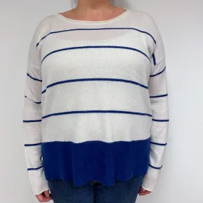 Navy and Cream Stripe Cashmere Crew Neck Jumper Extra Large