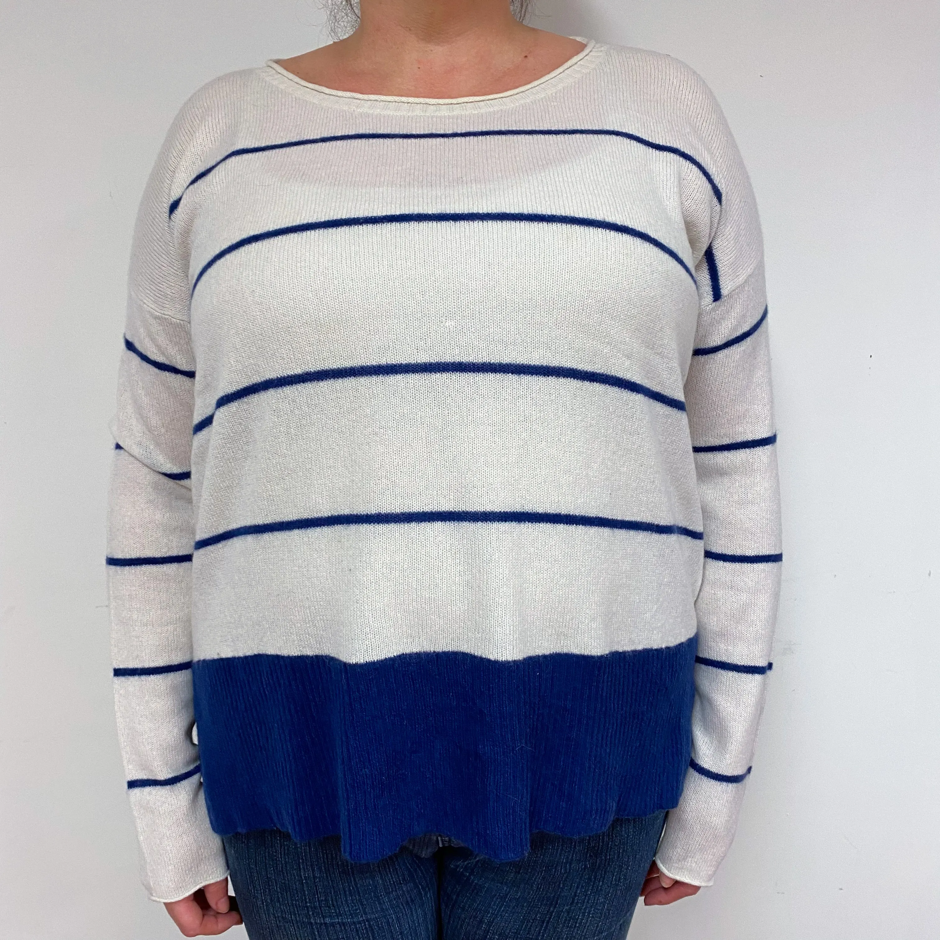 Navy and Cream Stripe Cashmere Crew Neck Jumper Extra Large