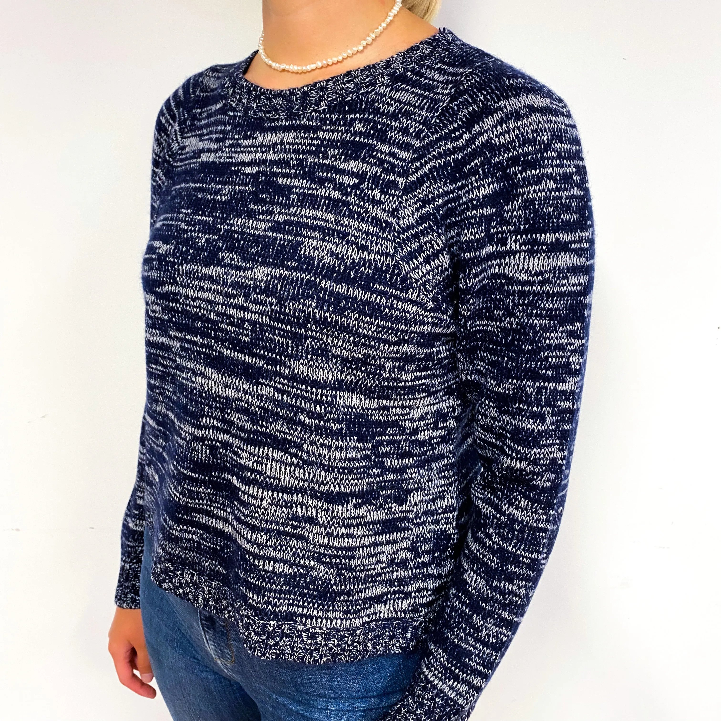 Navy and White Marl Cashmere Crew Neck Jumper Small