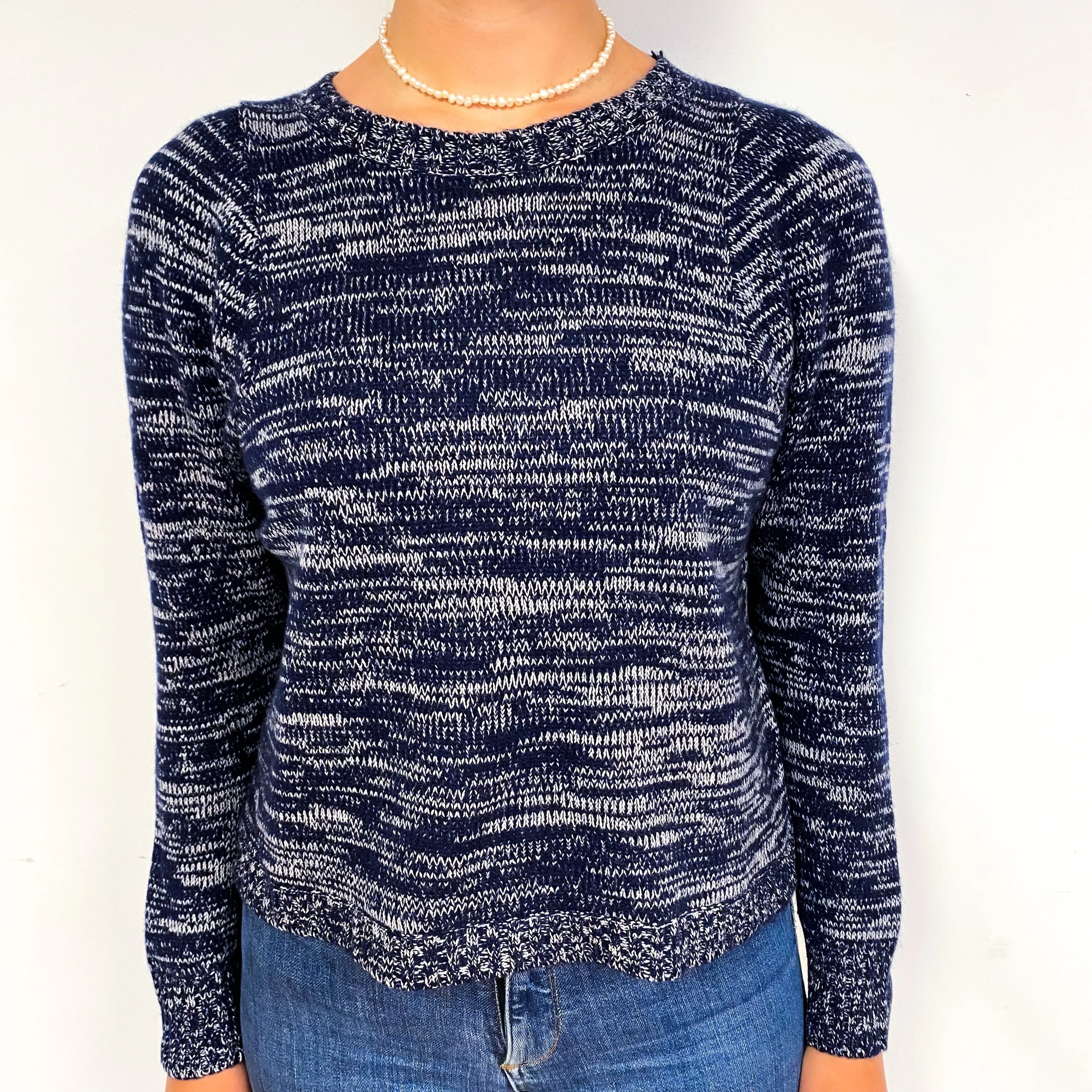 Navy and White Marl Cashmere Crew Neck Jumper Small