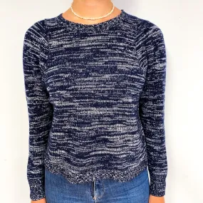 Navy and White Marl Cashmere Crew Neck Jumper Small