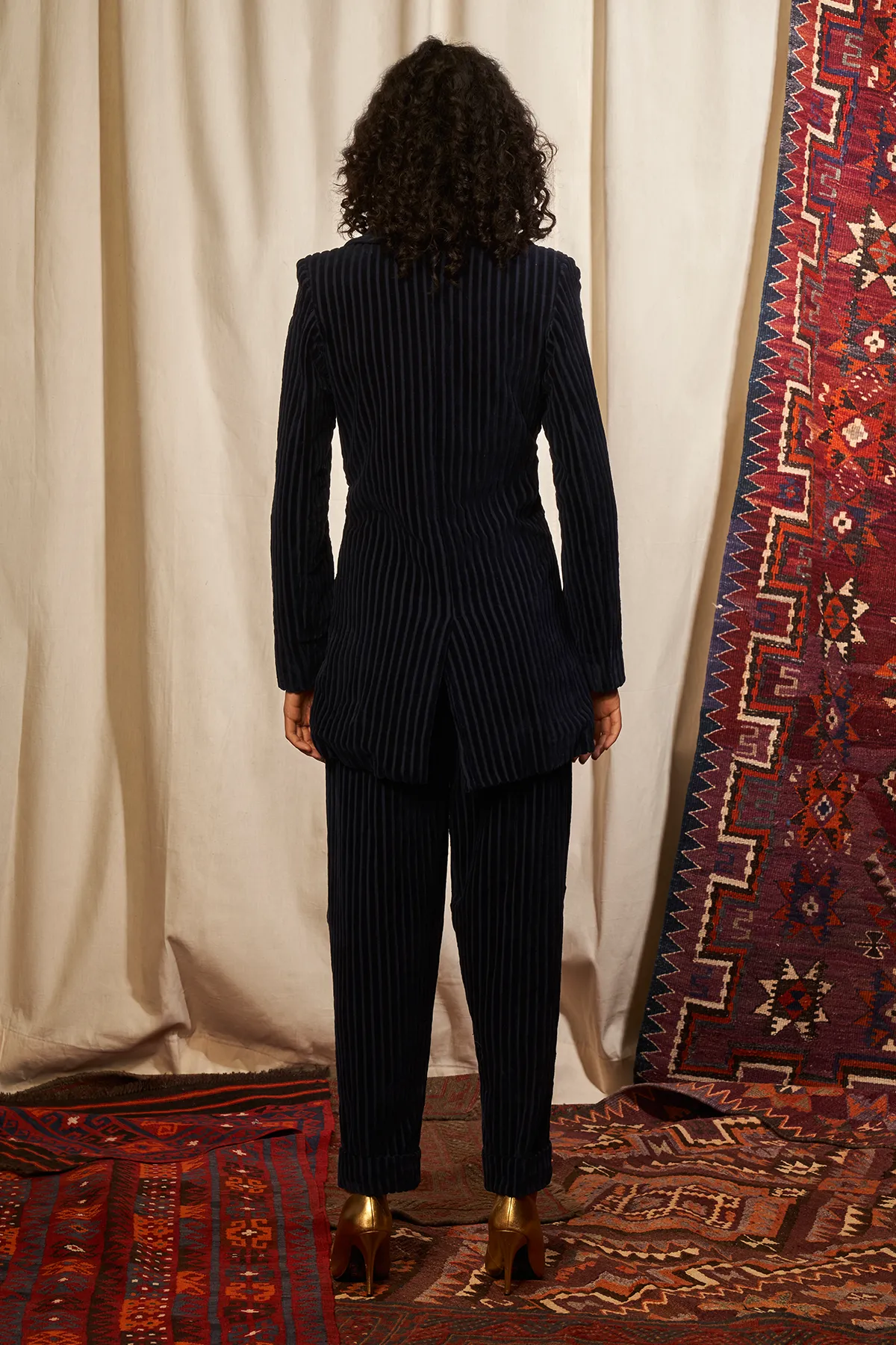 Navy Corduroy Summer Jacket With Baroque Handwork & Tube