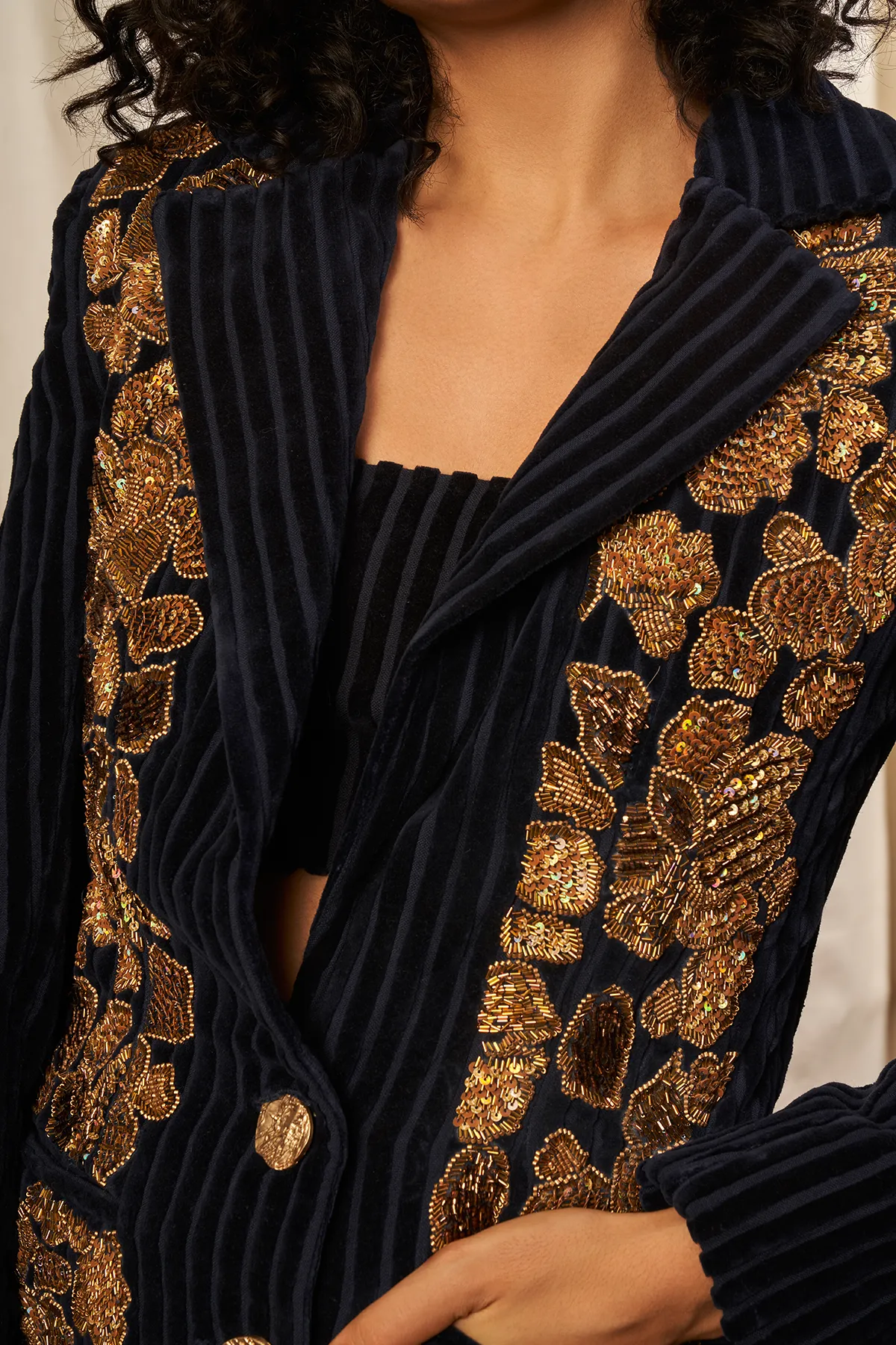 Navy Corduroy Summer Jacket With Baroque Handwork & Tube