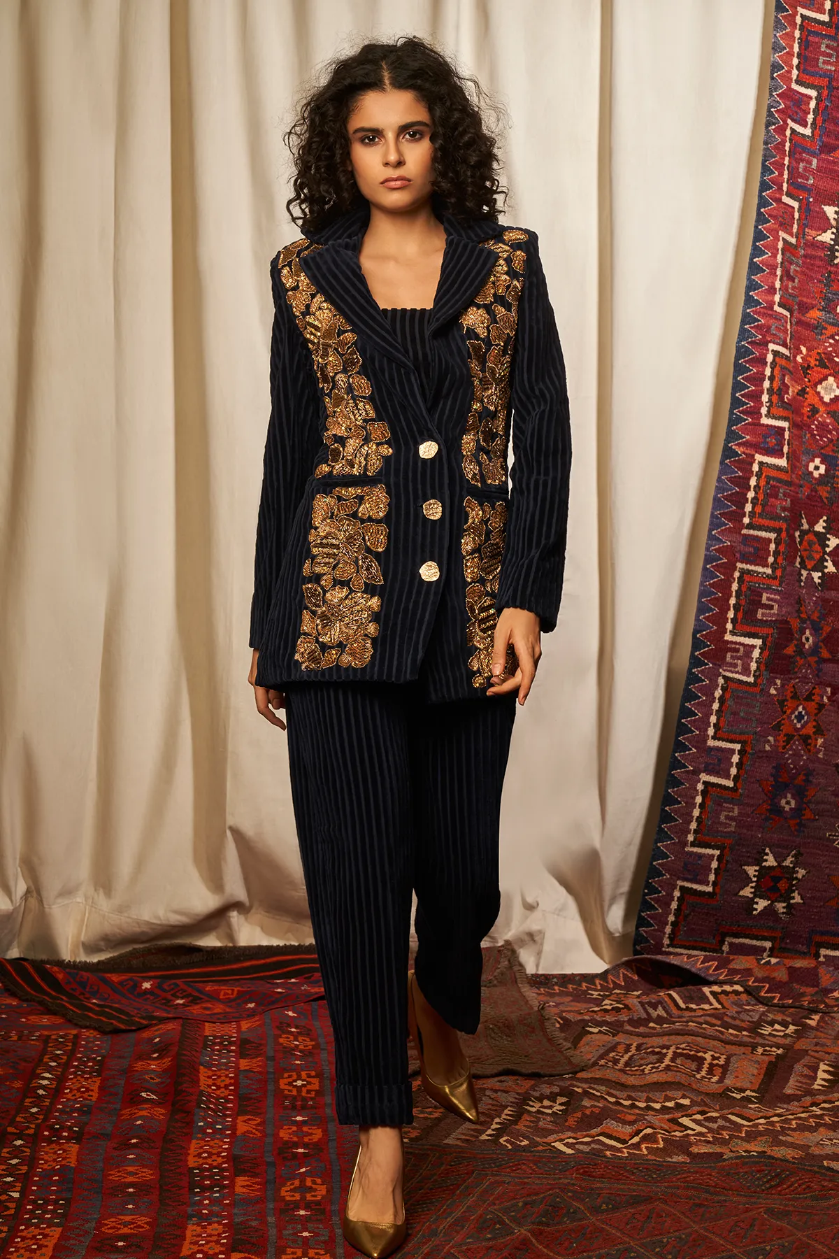 Navy Corduroy Summer Jacket With Baroque Handwork & Tube