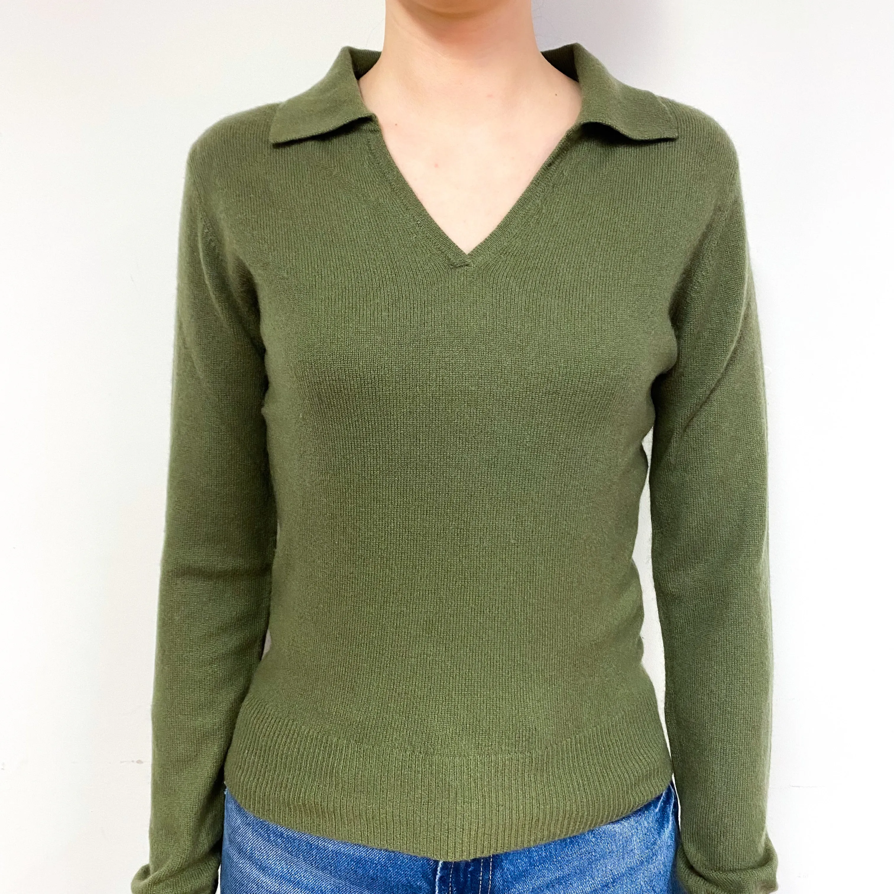 Pickle Green Cashmere Collared V-Neck Jumper Extra Small