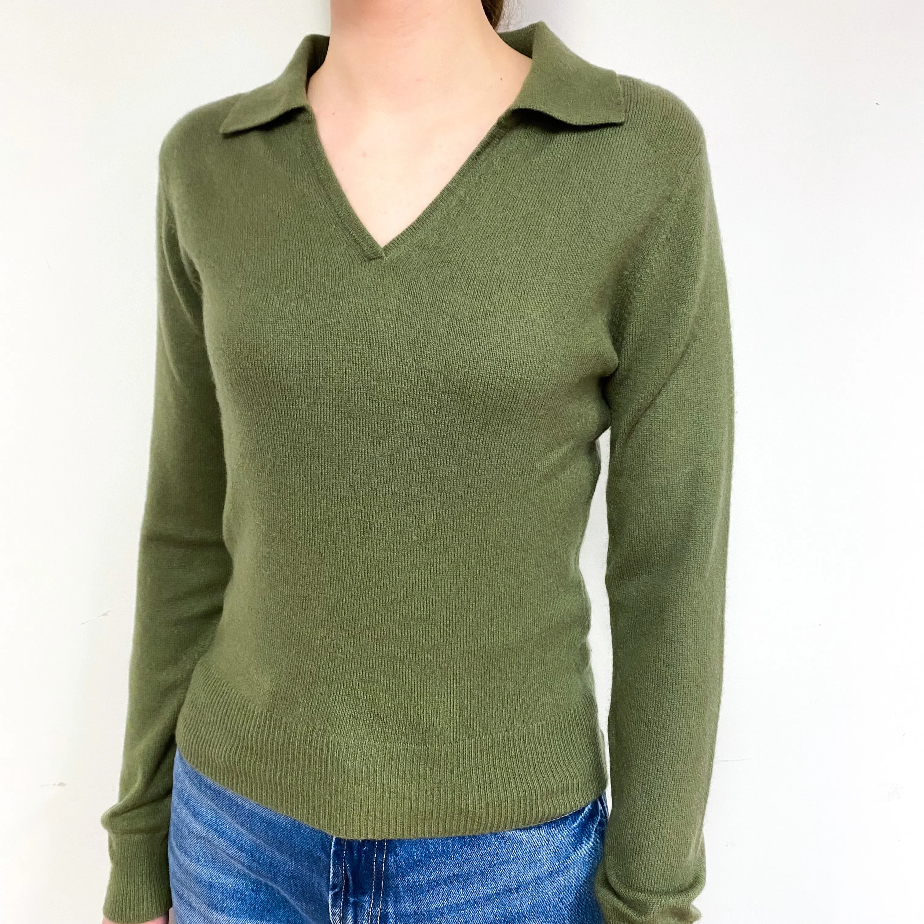 Pickle Green Cashmere Collared V-Neck Jumper Extra Small