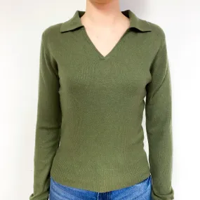 Pickle Green Cashmere Collared V-Neck Jumper Extra Small
