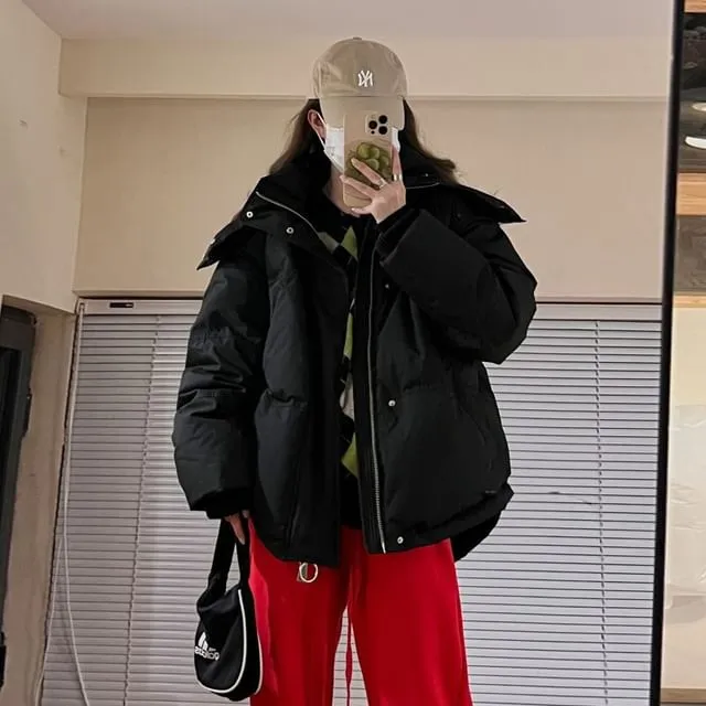 Plain Applique Hooded Zip Puffer Jacket
