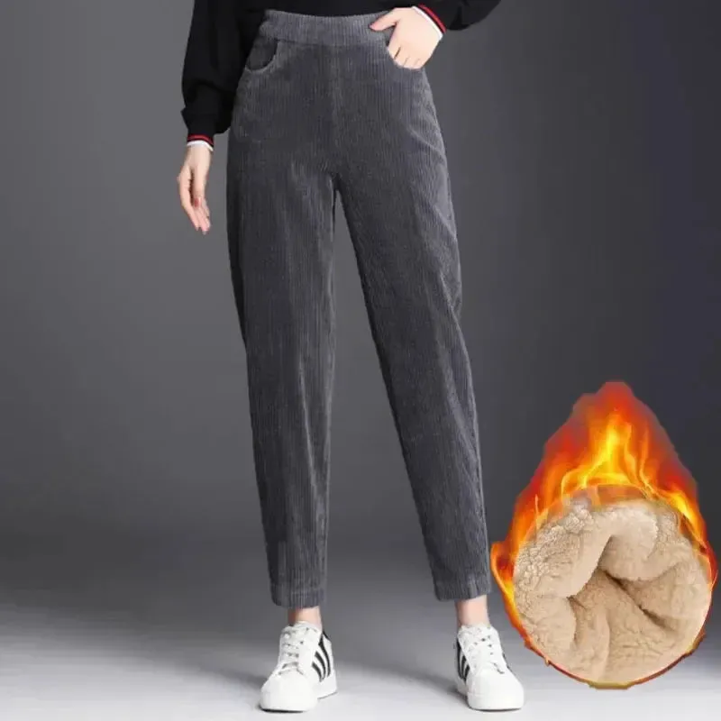 Purpdrank Women Corduroy Warm Pants Thick Plush Casual Pants Autumn Winter Leggings High Waist Harem Pants Trousers
