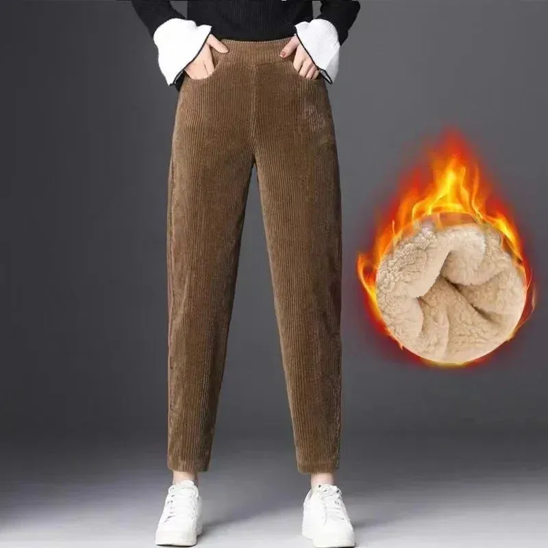 Purpdrank Women Corduroy Warm Pants Thick Plush Casual Pants Autumn Winter Leggings High Waist Harem Pants Trousers