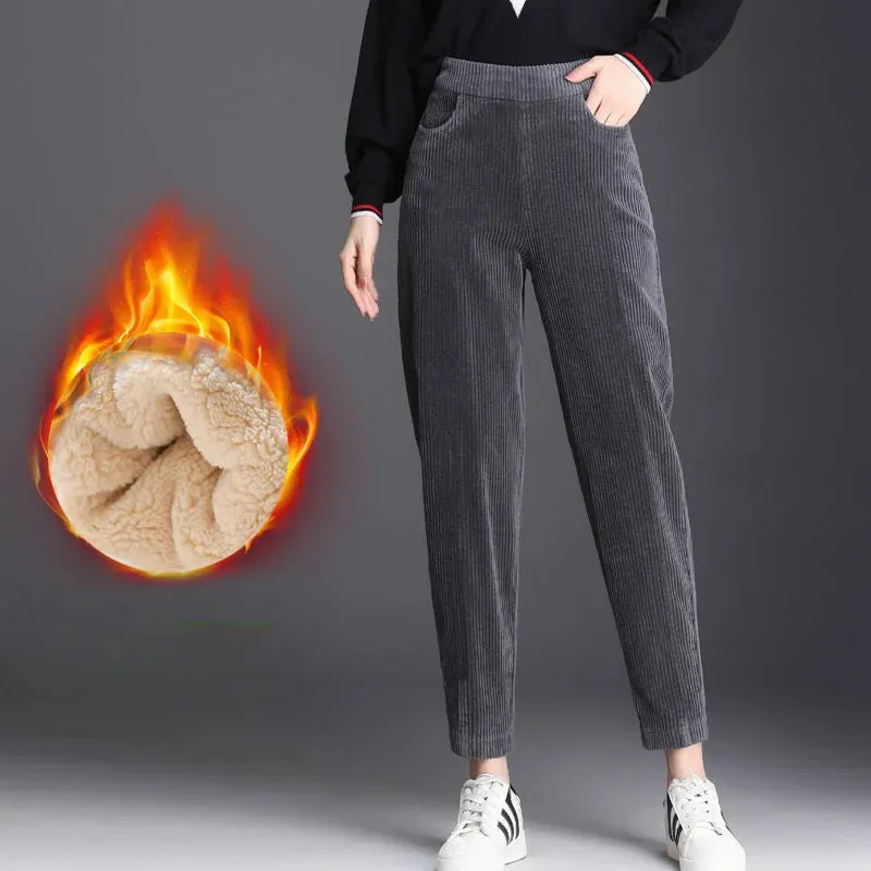 Purpdrank Women Corduroy Warm Pants Thick Plush Casual Pants Autumn Winter Leggings High Waist Harem Pants Trousers