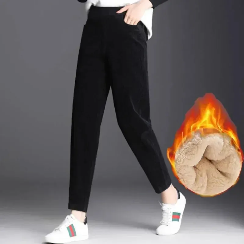 Purpdrank Women Corduroy Warm Pants Thick Plush Casual Pants Autumn Winter Leggings High Waist Harem Pants Trousers