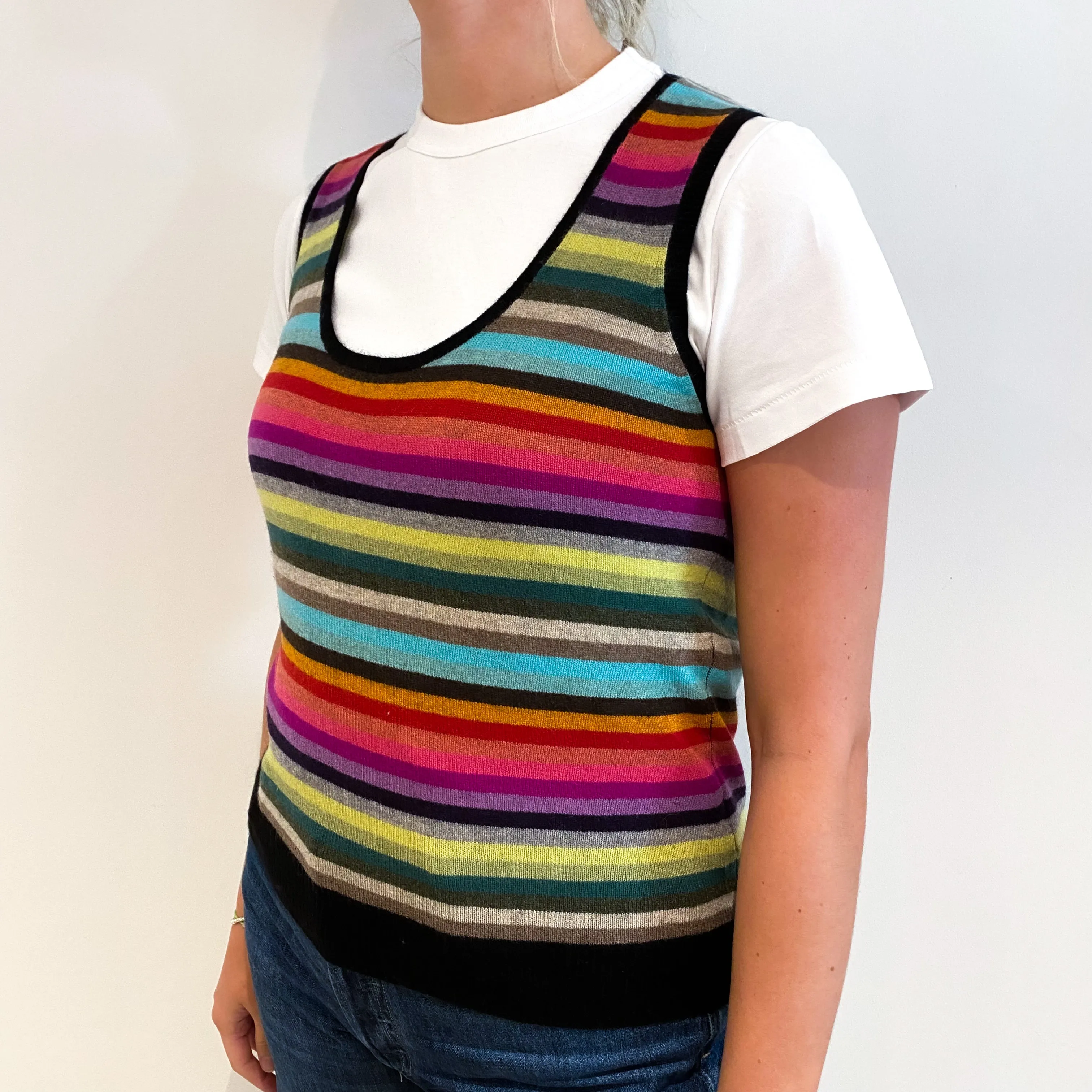 Rainbow Striped Cashmere Scoop Neck Sleeveless Jumper Small