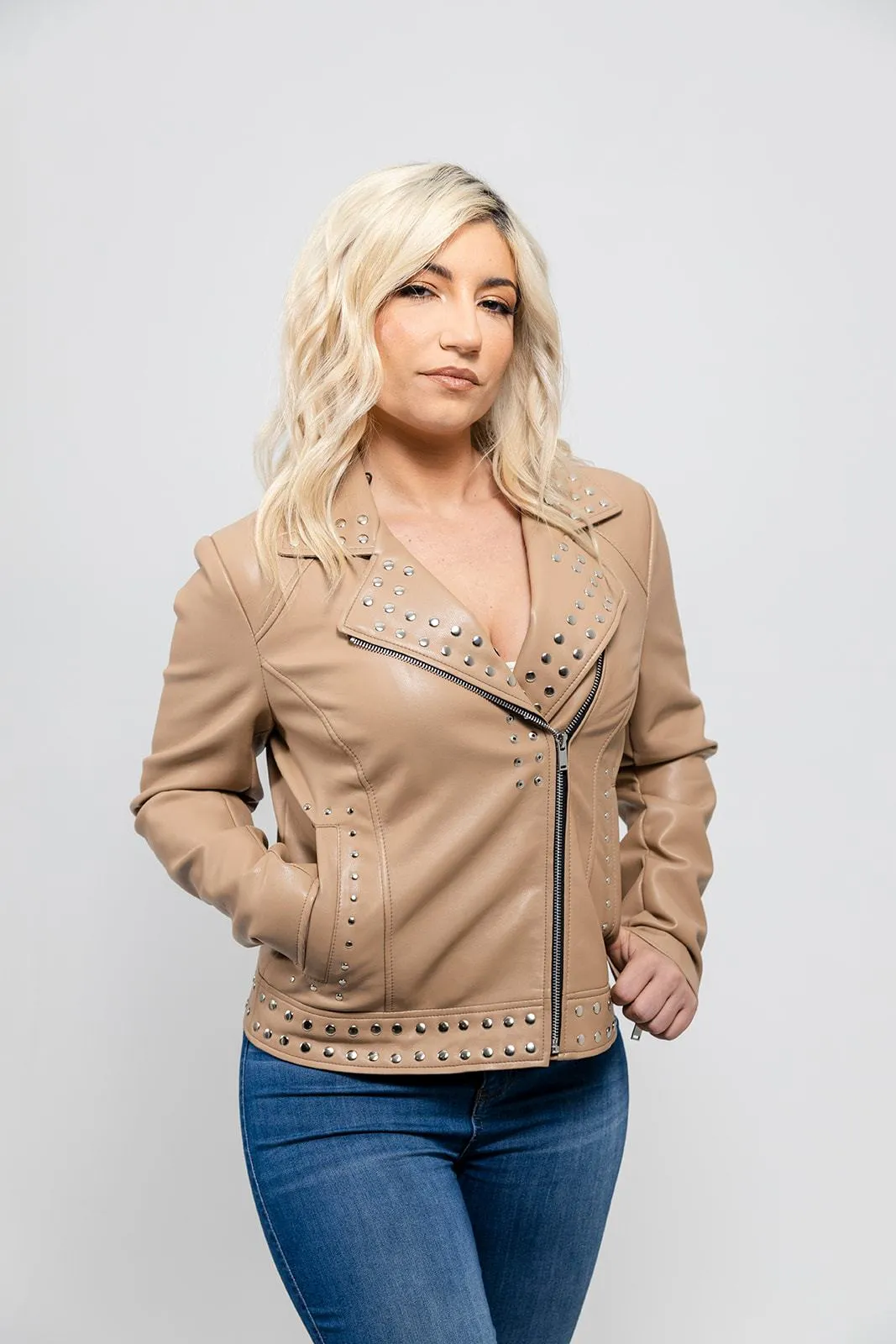 Sandy Women's Vegan Faux Leather Jacket Beige (POS)