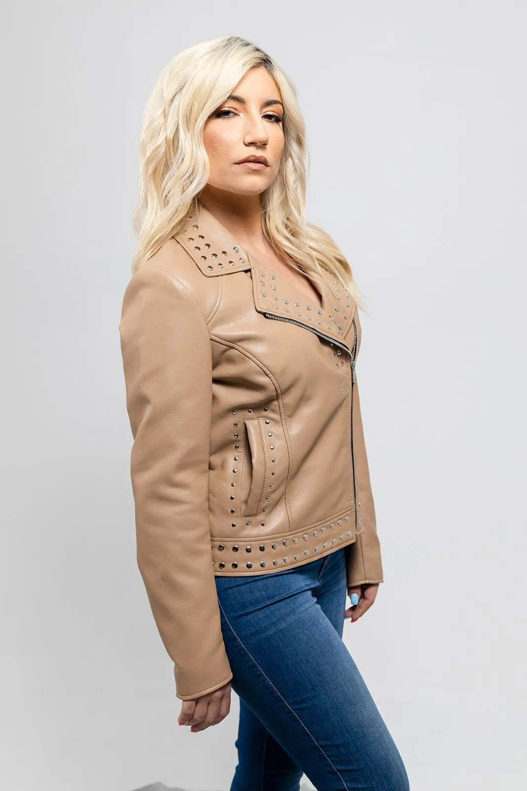 Sandy Women's Vegan Faux Leather Jacket Beige (POS)