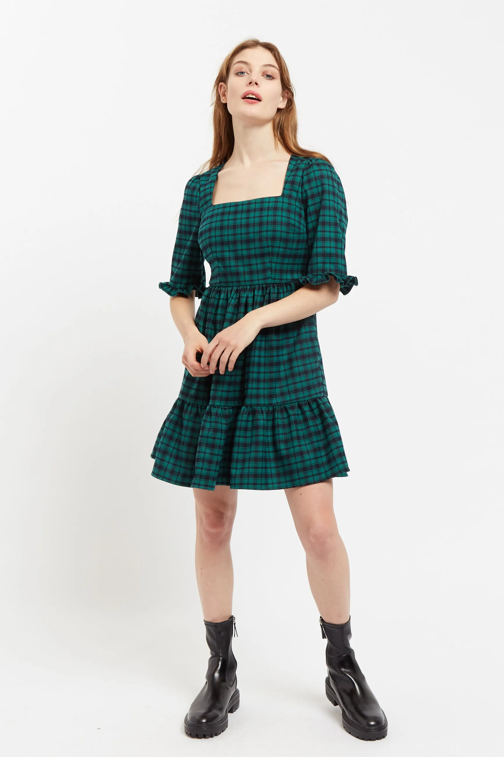 Sassa Winter Gingham Tiered Mini Dress in Green and Black