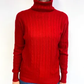 Scarlet Red Cable Cashmere Polo Neck Jumper Medium