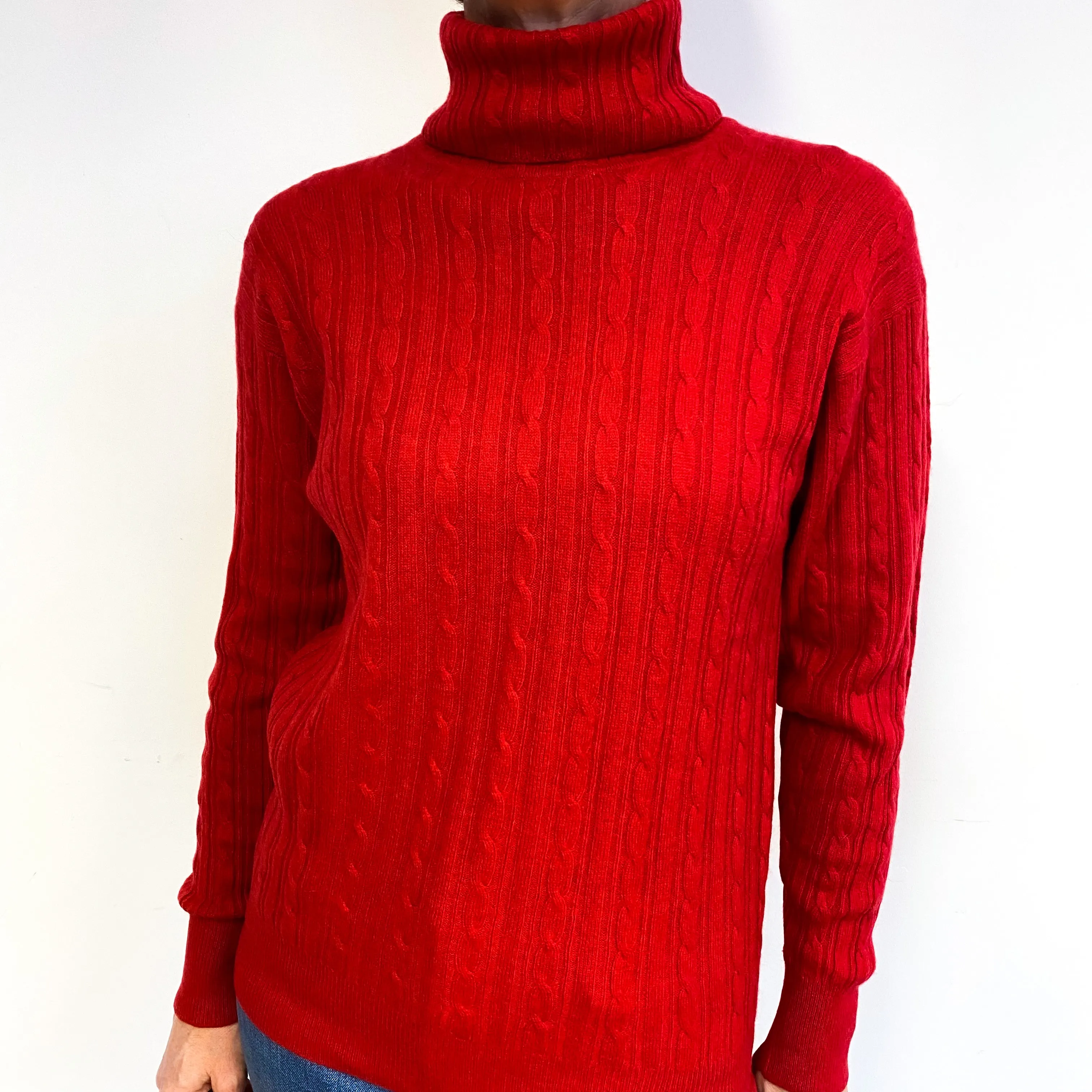 Scarlet Red Cable Cashmere Polo Neck Jumper Medium