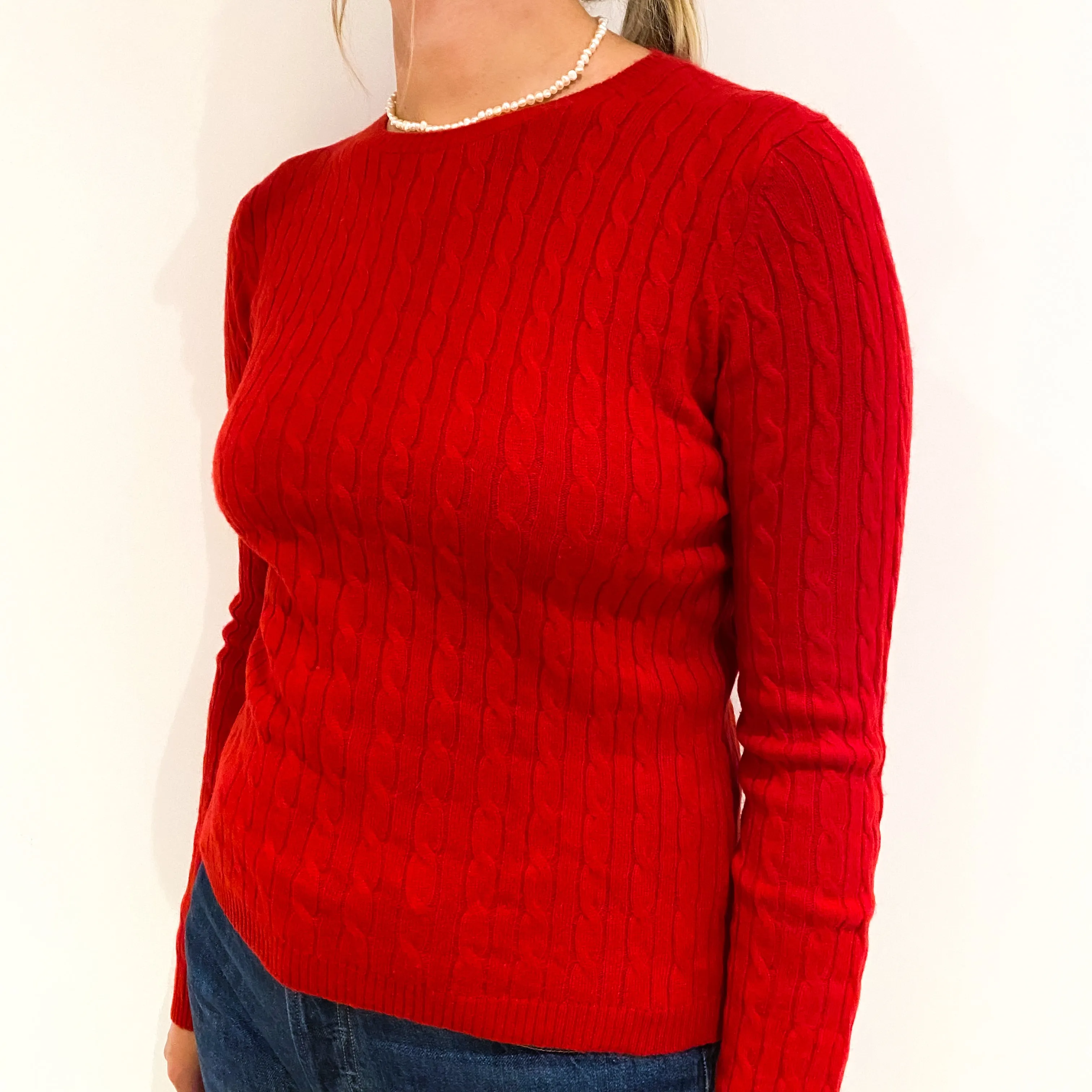 Scarlet Red Cable Knit Cashmere Crew Neck Jumper Small