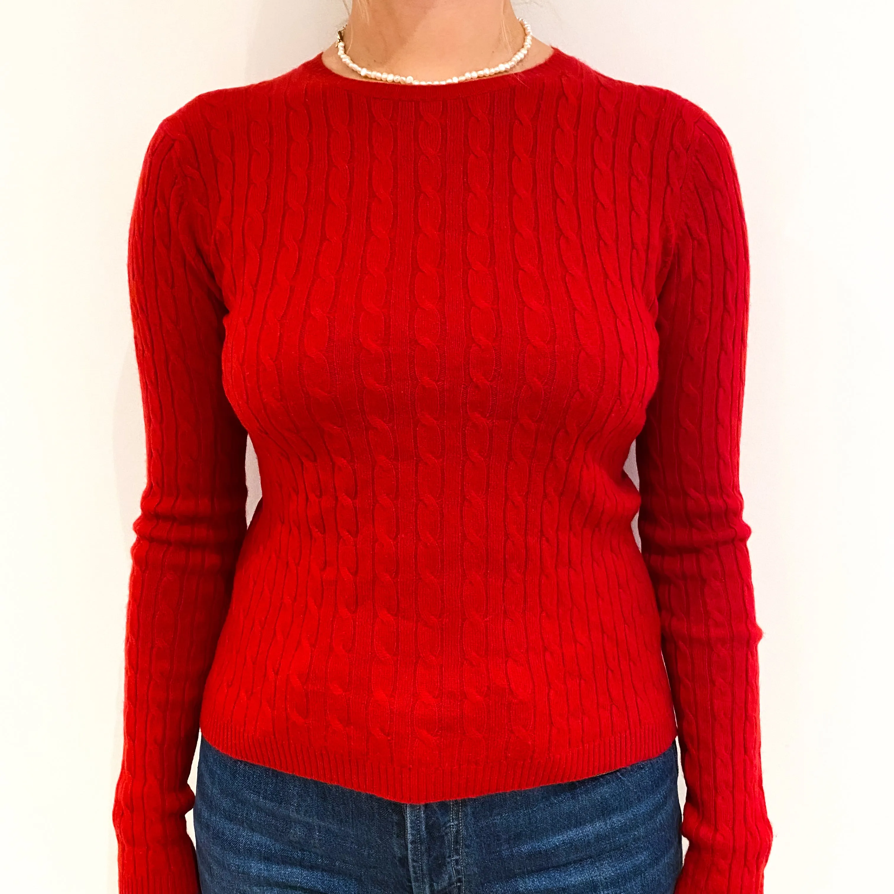 Scarlet Red Cable Knit Cashmere Crew Neck Jumper Small