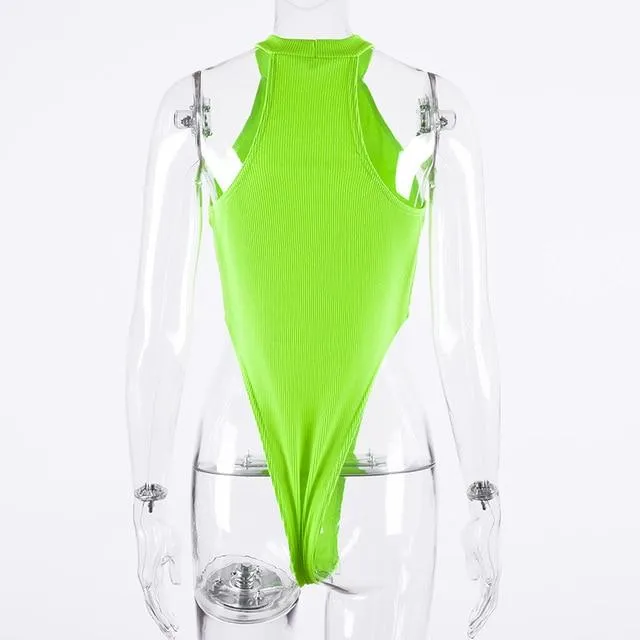 Sexy High Street Bodycon Neon Bodysuits Summer Colorful Sleevelss Backless Ftness Outfit Club Party Jumpsuit Combinaison Femme