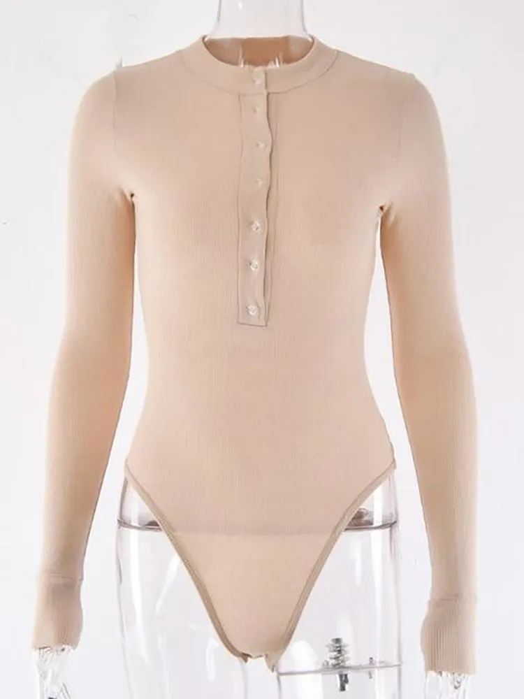 Sexy V Neck Knitted Bodysuit Women Black Long Sleeve Buttons Rompers